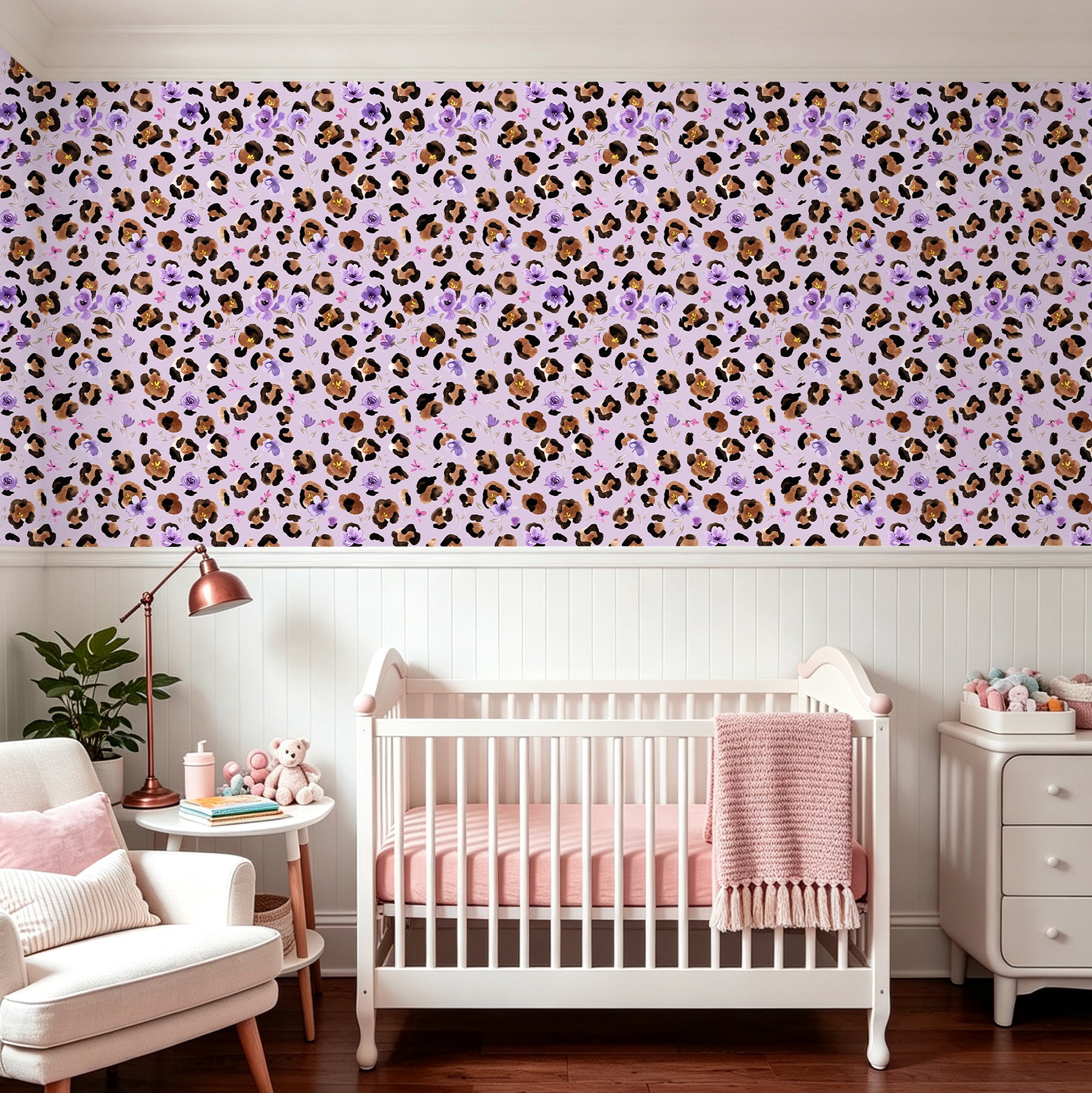 HaokHome Watercolor Leopard Floral Peel and Stick Wallpaper – Purple Flowers on Lavender Purple Background