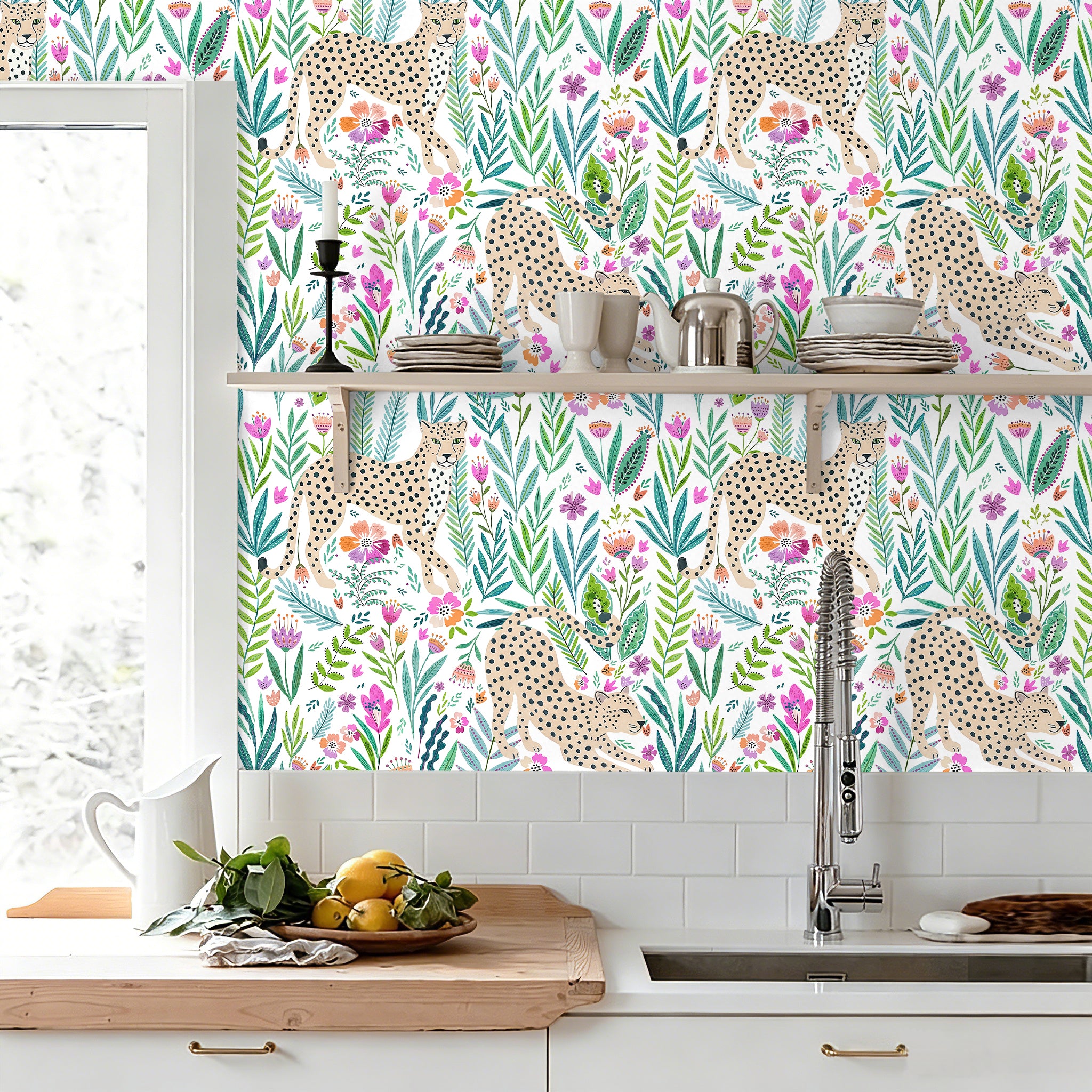 HaokHome Floral Peel and Stick Wallpaper Colorful Tropical Cheetah Jungle, Boho Botanical Flat Illustration Removable Self Adhesive Vinyl Contact Paper for Living Room