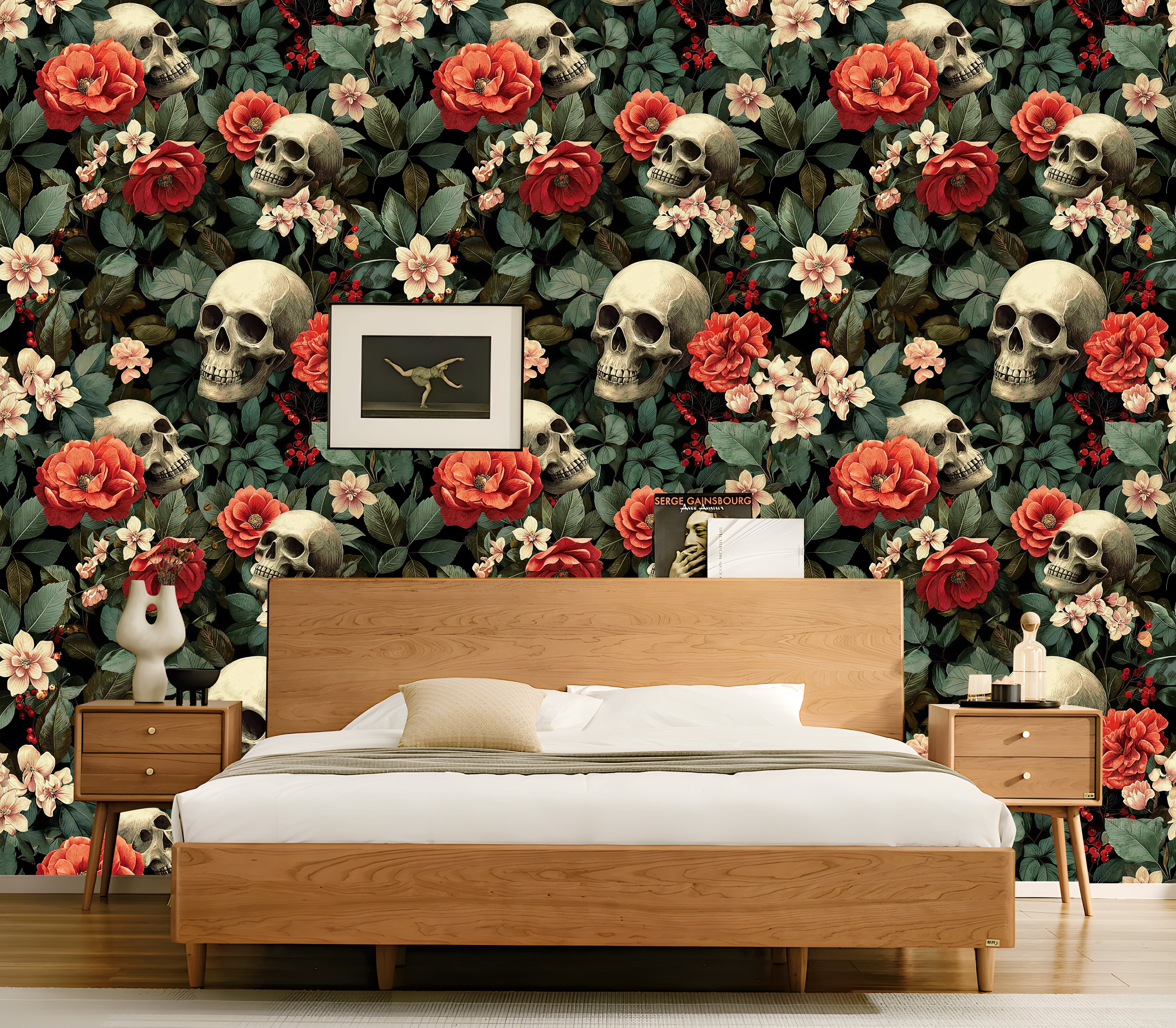 Skull Floral Wallpaper – Dark Gothic Moody Botanical Print