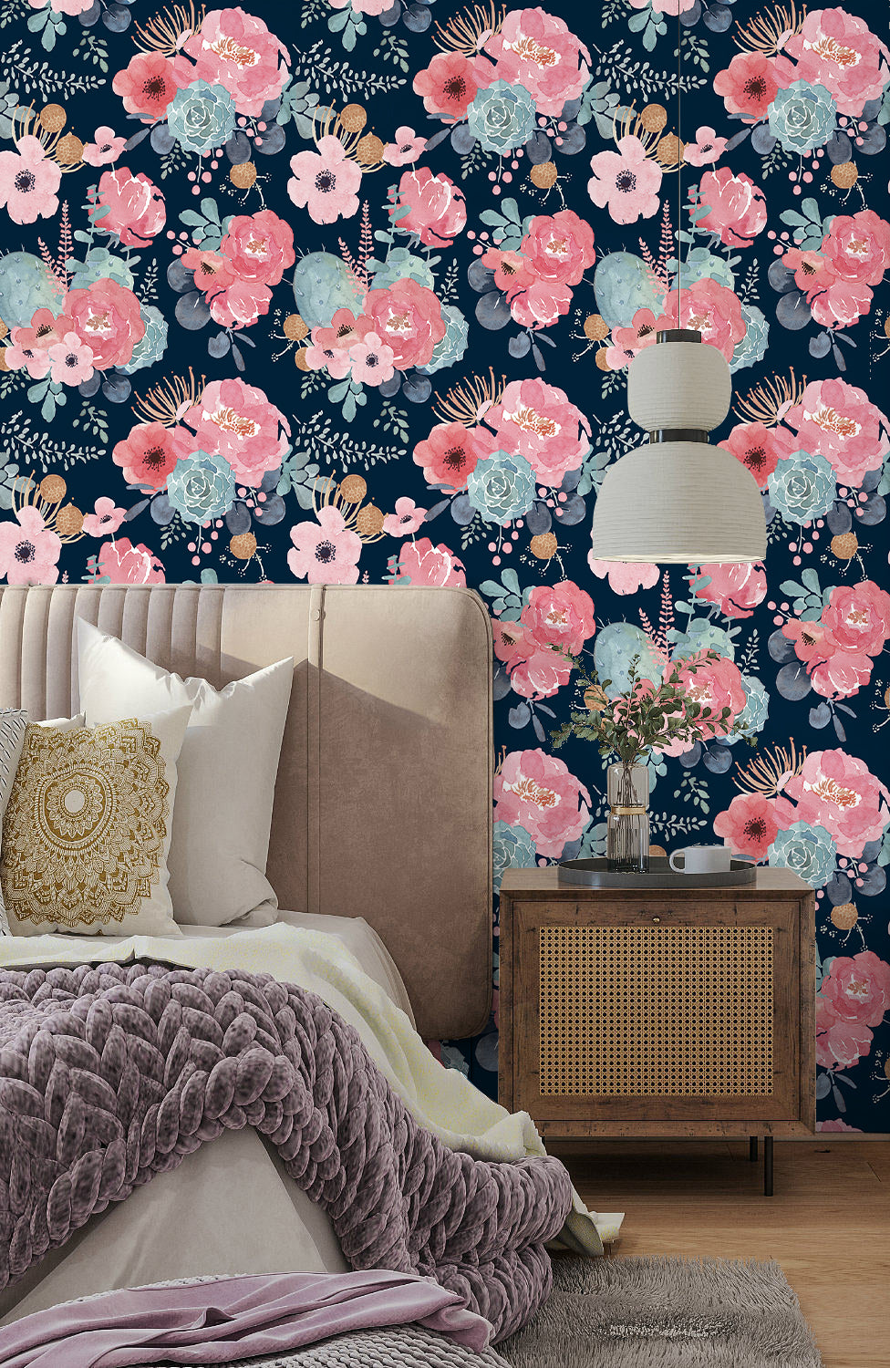 HaokHome Peel and Stick Wallpaper Navy Blue Watercolor Peony Floral Wall Mural Removable Self Adhesive Moody Botanical Wallpaper