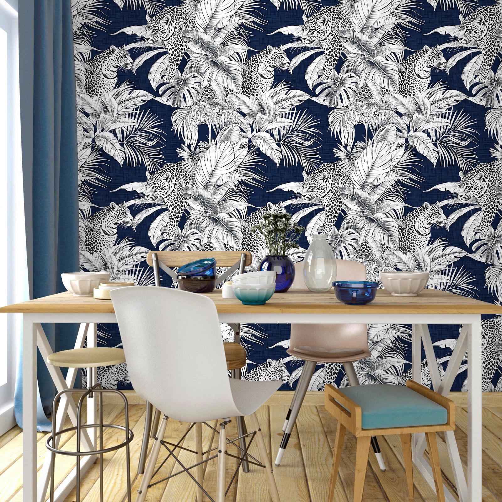 HaokHome Peel and Stick Wallpaper Tropical Leopard Navy Botanical Wall Mural Removable Self Adhesive Jungle Animal Wallpaper