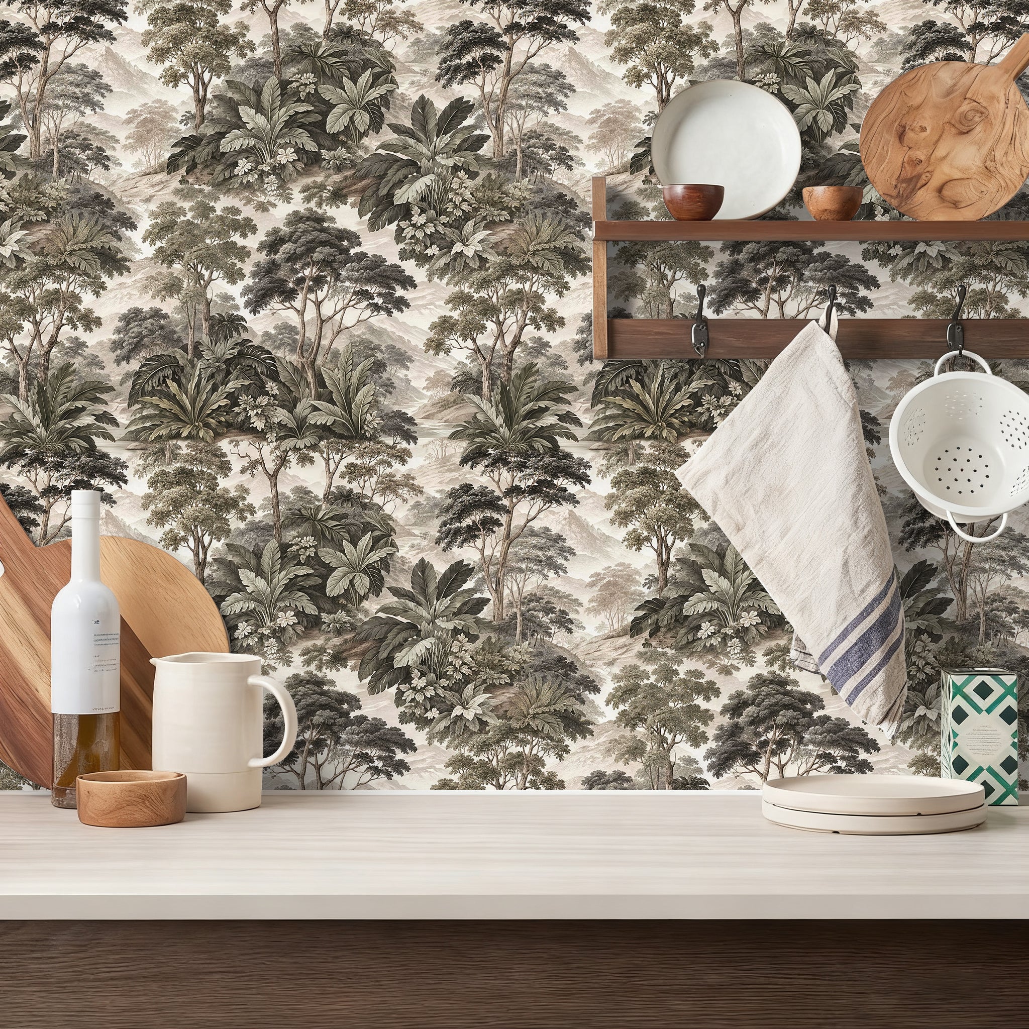 Vintage Tropical Landscape Wallpaper – Sepia Jungle Tree Botanical Print