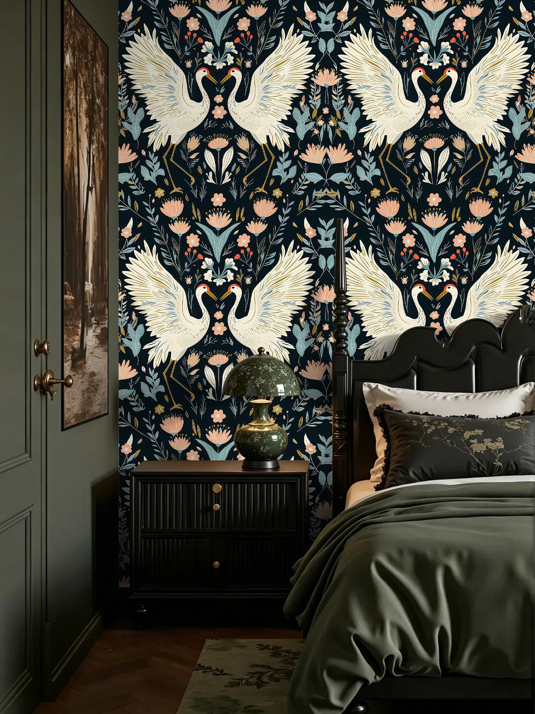 HaokHome Peel and Stick Wallpaper Chinoiserie Crane Floral Botanical Wall Mural Removable Self Adhesive Dark Vintage Wallpaper