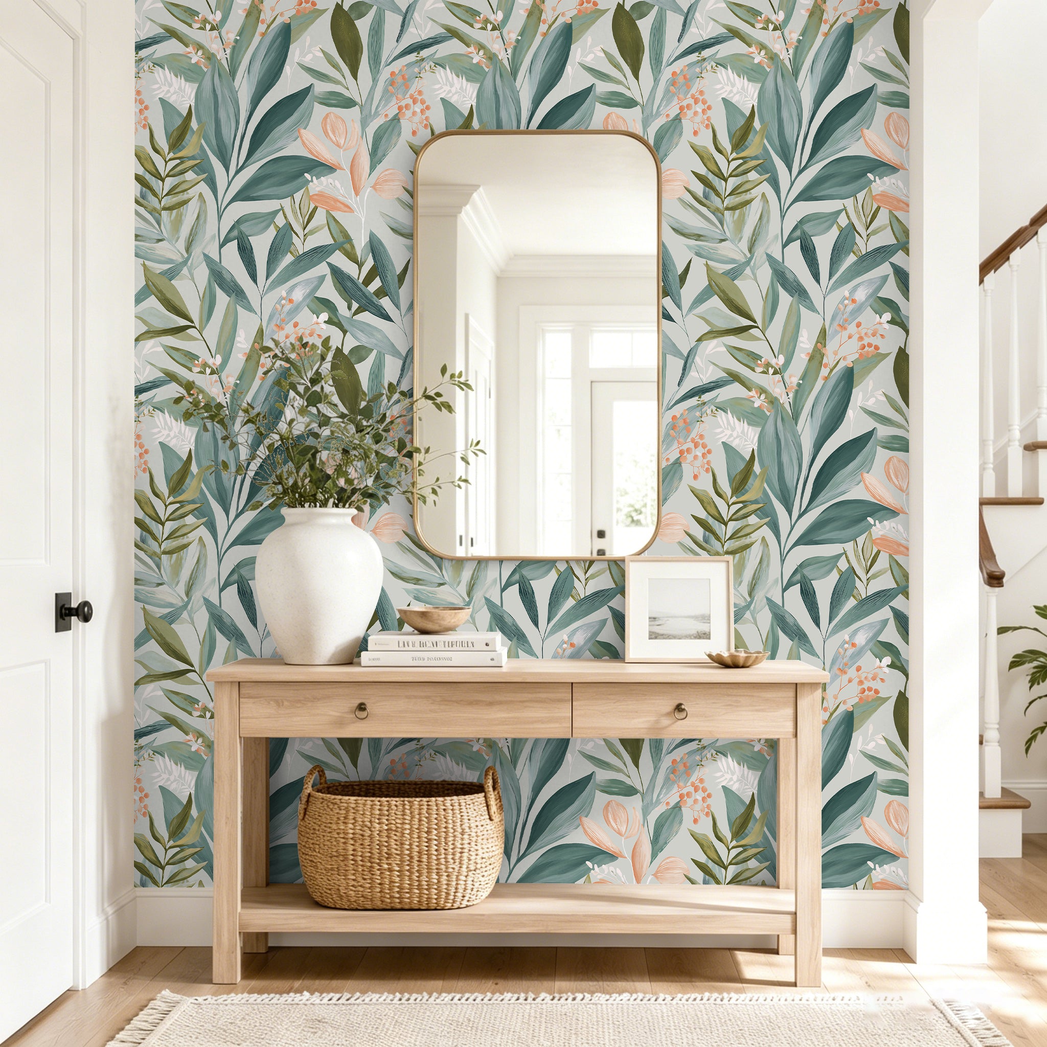 HaokHome Peel and Stick Wallpaper Watercolor Green Leaf Botanical Wall Mural Removable Self Adhesive Soft Sage Floral Wallpaper