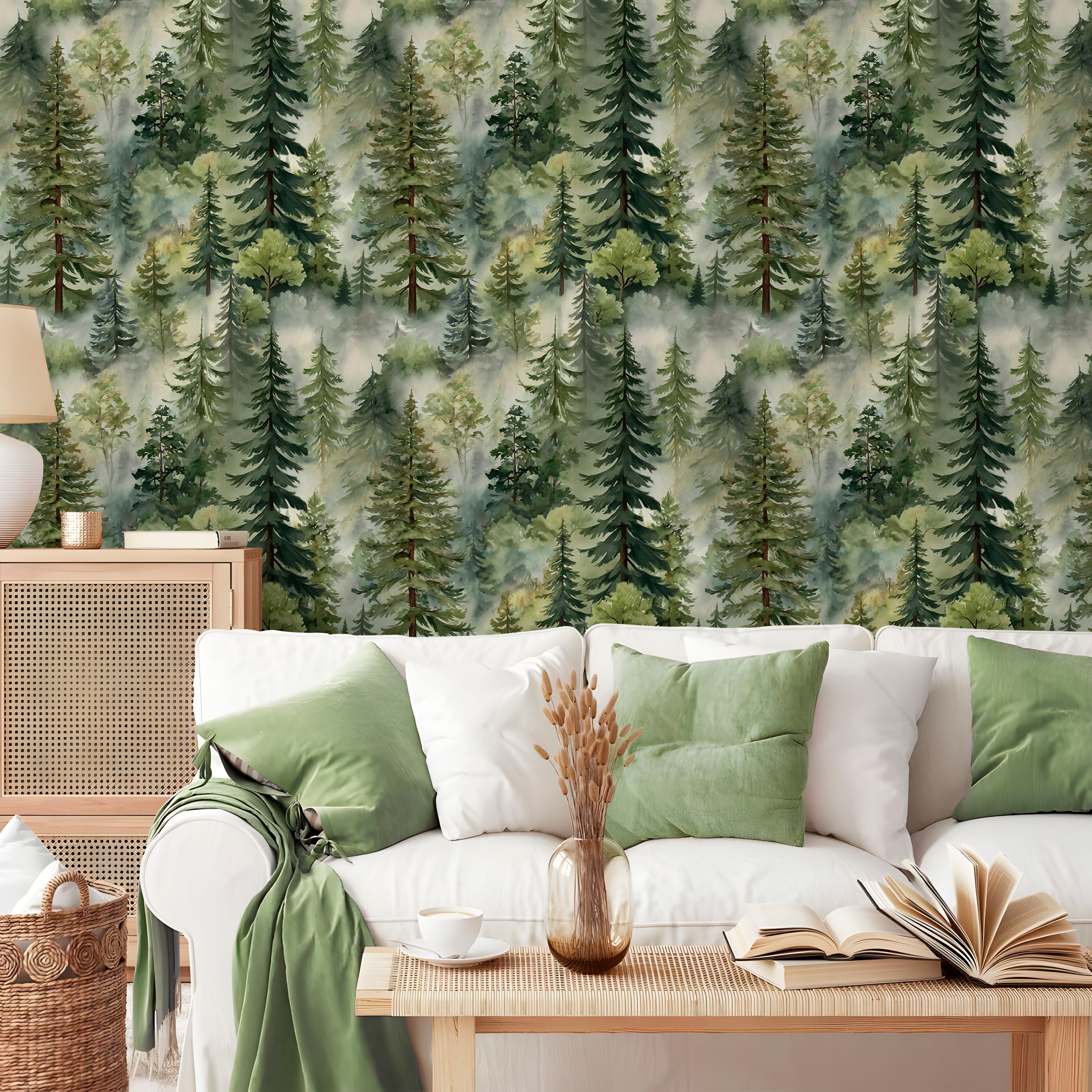 HaokHome Misty Forest Watercolor Pine Tree Peel and Stick Wallpaper, Removable Nature Woodland Wall Mural