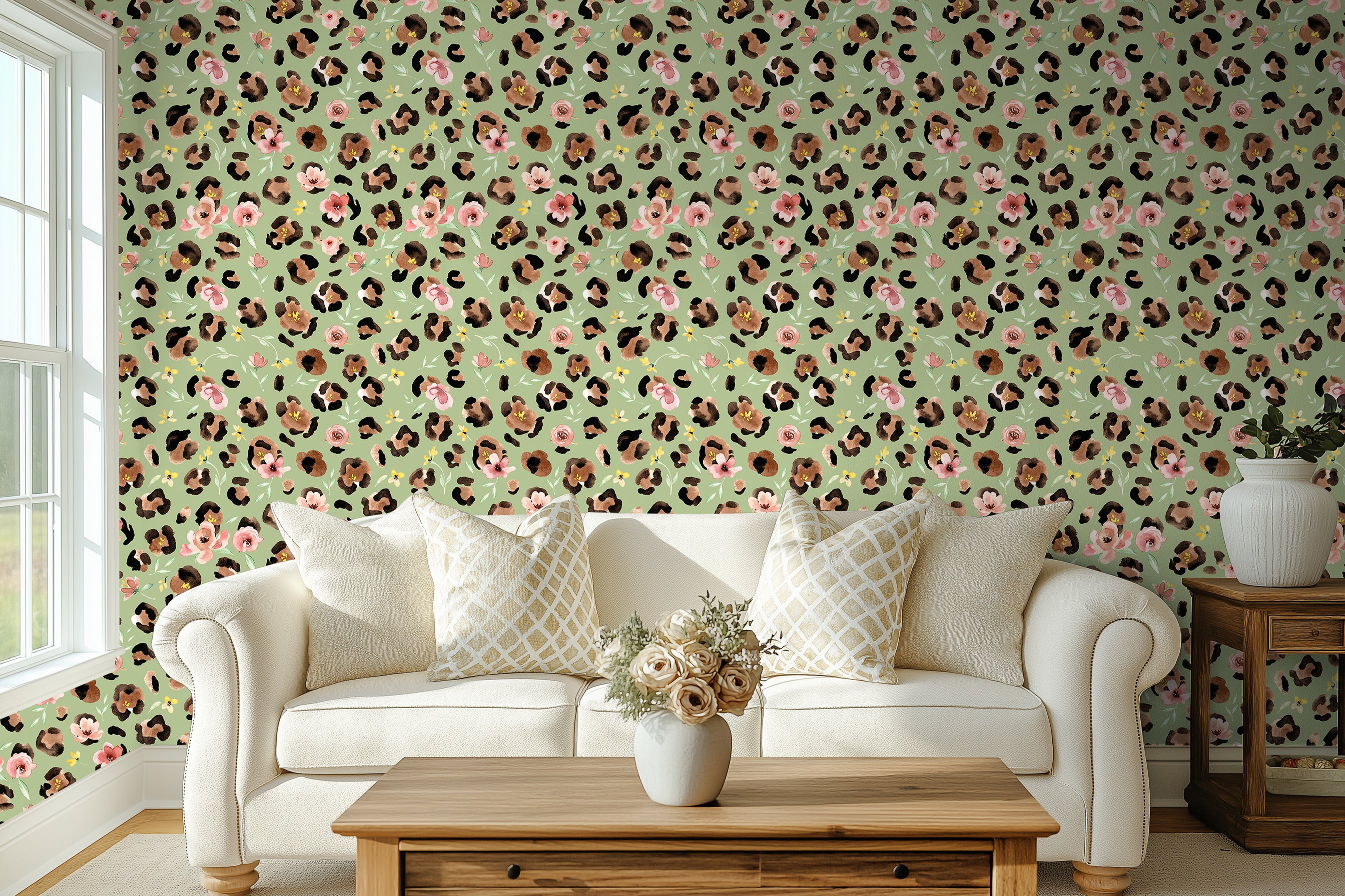 HaokHome Watercolor Leopard Floral Peel and Stick Wallpaper – Pink Flowers on Sage Green Background