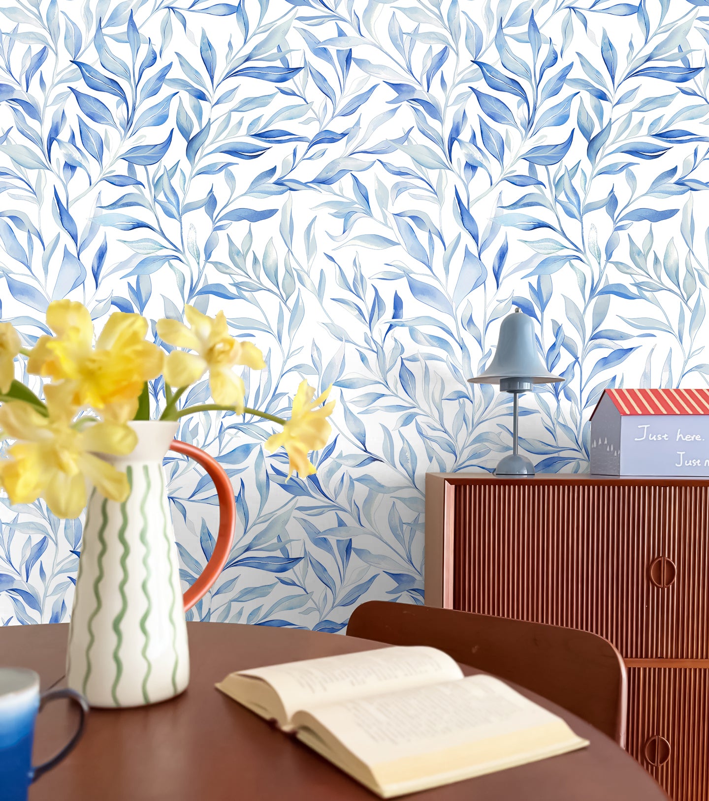 HaokHome Peel and Stick Wallpaper Blue Watercolor Leaf Removable Wall Decor with Soft Botanical Pattern for Coastal & Minimalist Room