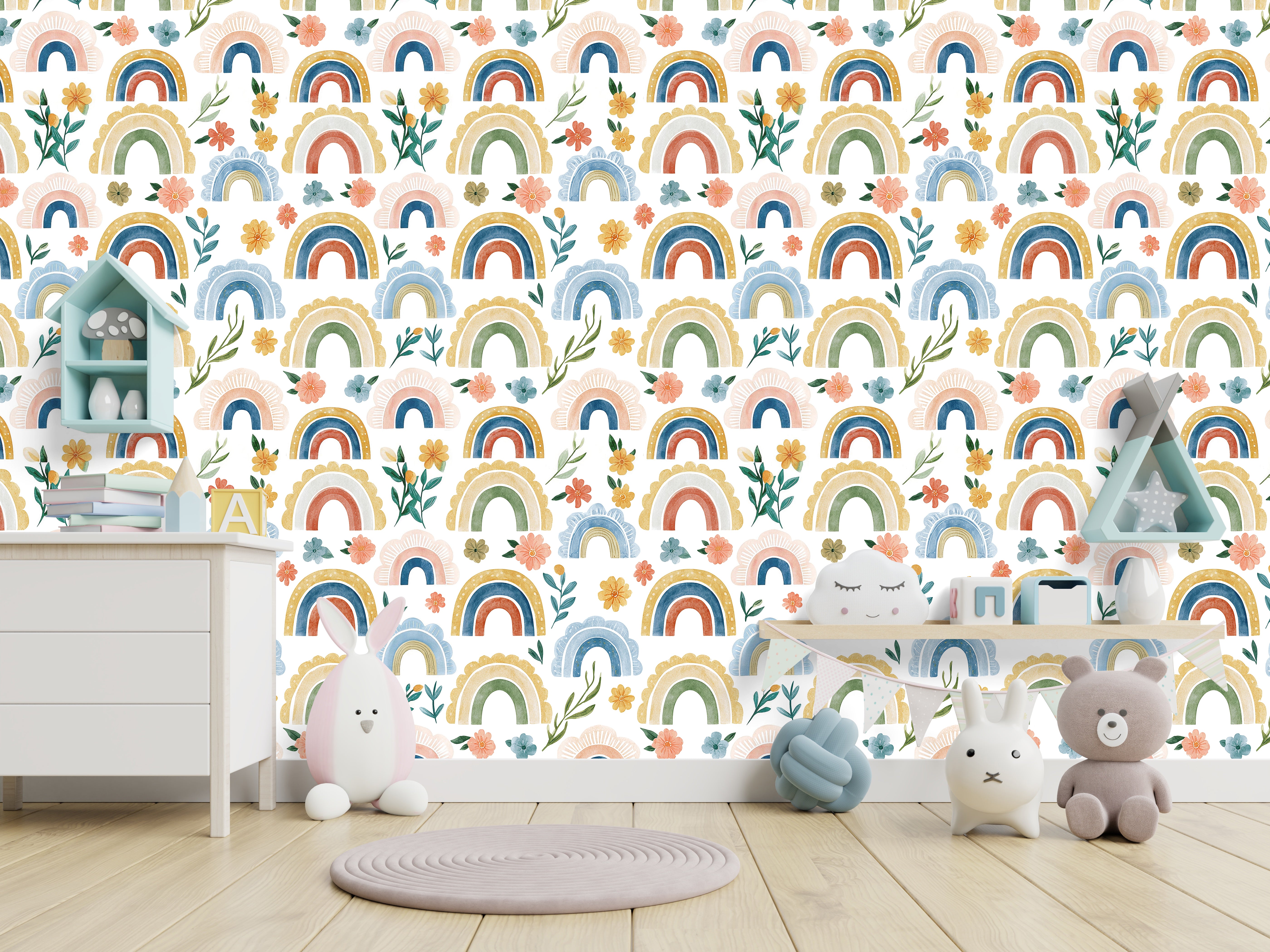 Boho Rainbow Floral Peel and Stick Wallpaper – Watercolor Neutral Nursery Print