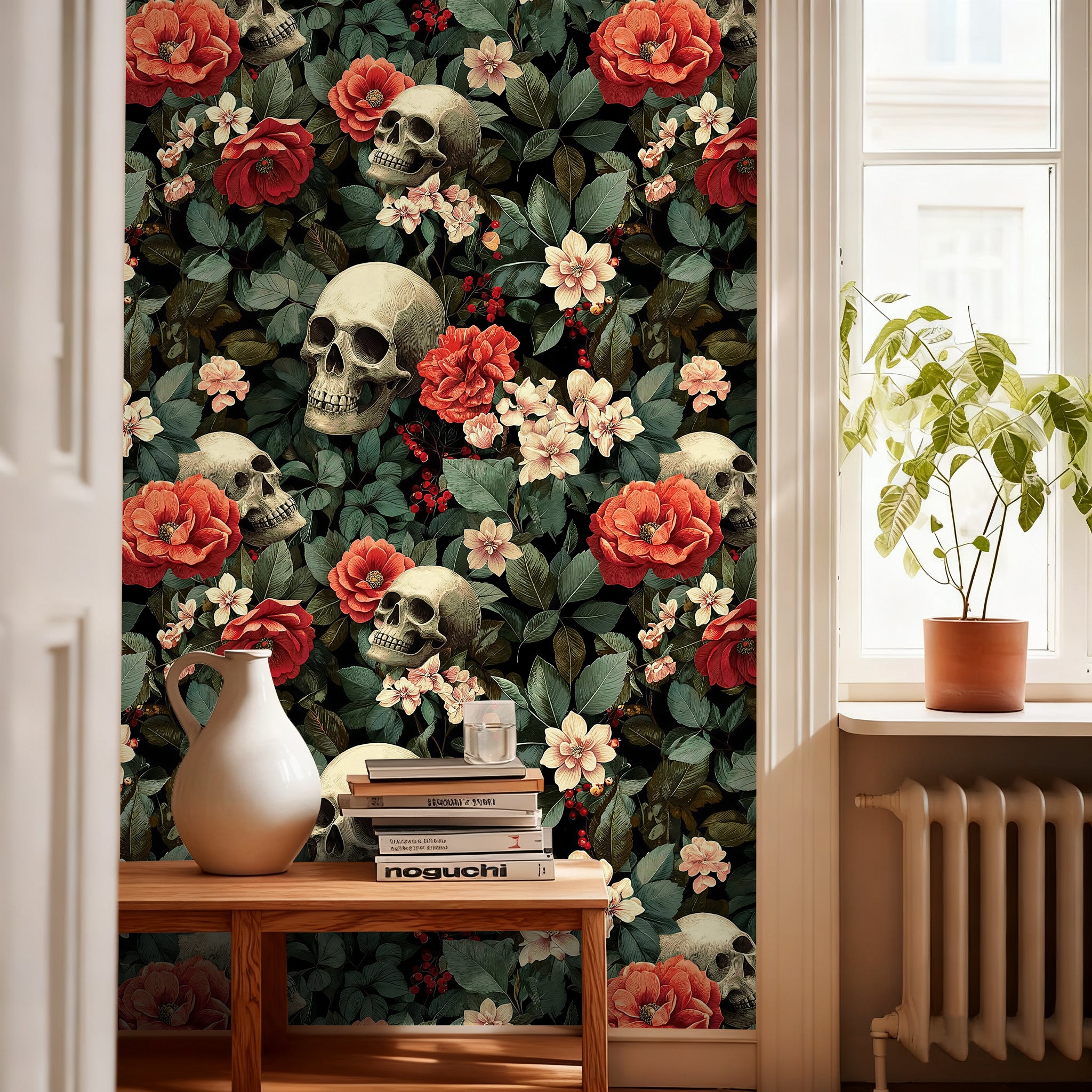 Skull Floral Wallpaper – Dark Gothic Moody Botanical Print