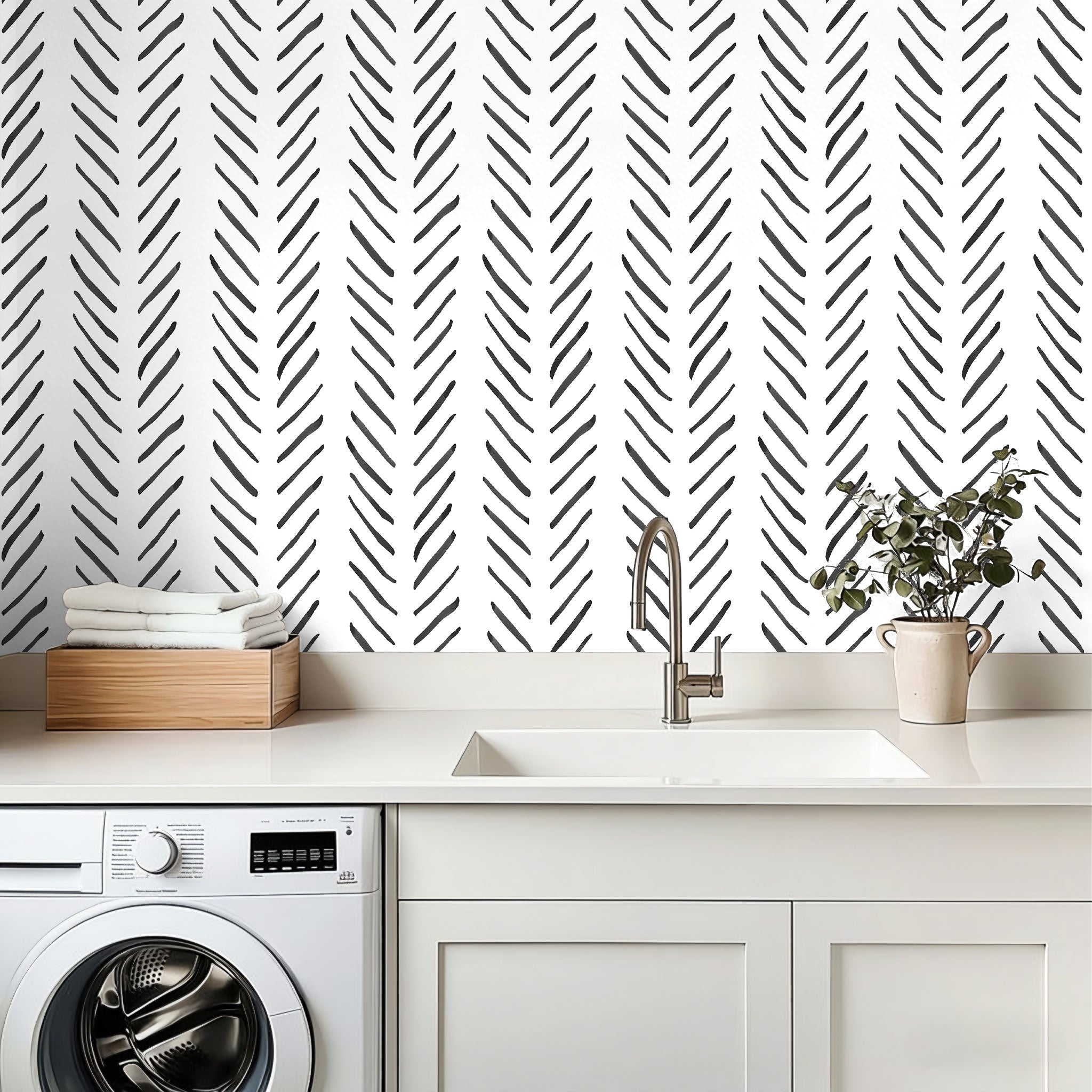 HaokHome Boho Peel and Stick Wallpaper Stripes Removable Black/White Chevron Vinyl Self Adhesive Mural Contact Paper