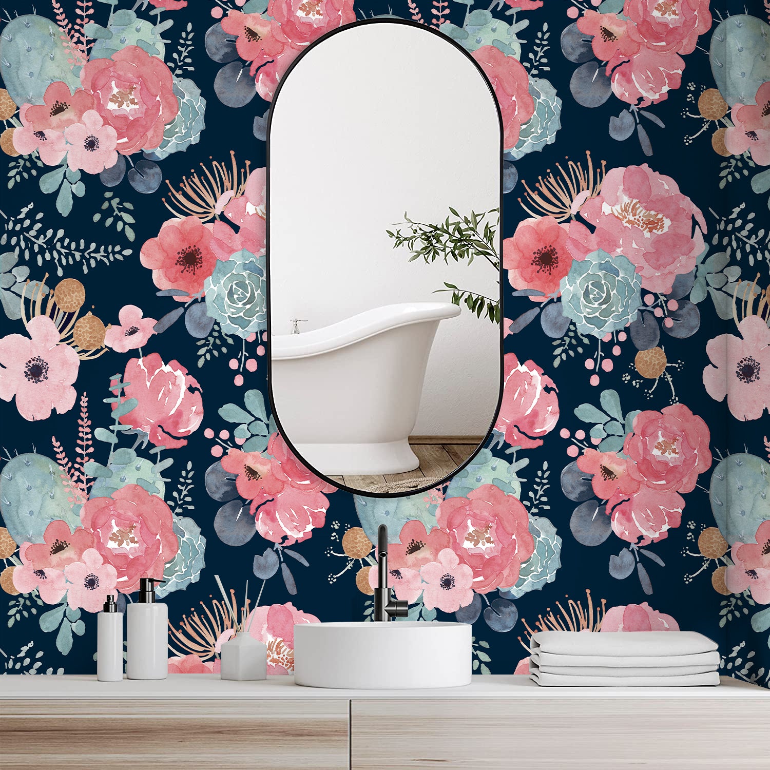HaokHome Peel and Stick Wallpaper Navy Blue Watercolor Peony Floral Wall Mural Removable Self Adhesive Moody Botanical Wallpaper