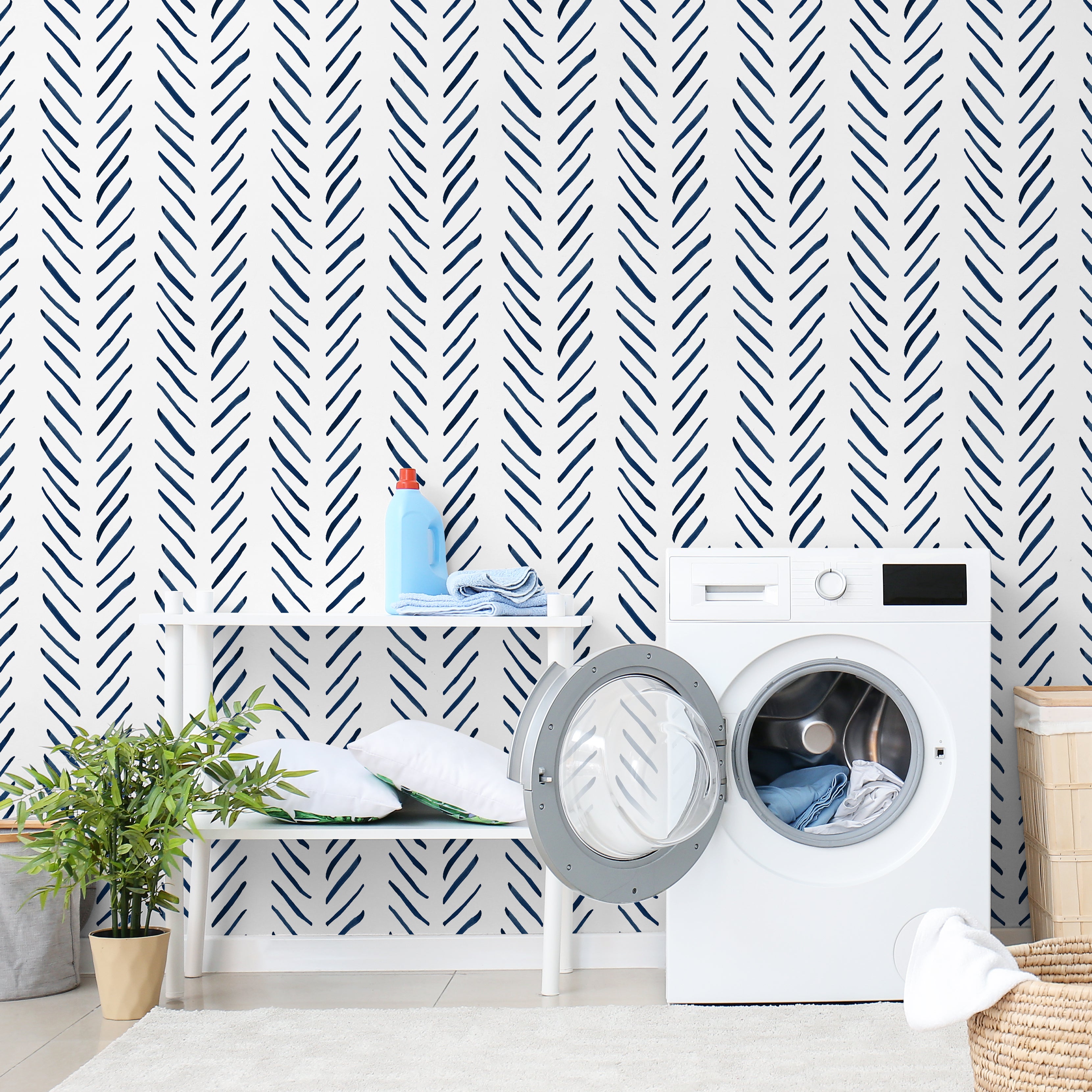 HaokHome Boho Wallpaper Peel and Stick Wallpaper Stripes Removable Navy/White Chevron Vinyl Stick On Contact Paper Mural