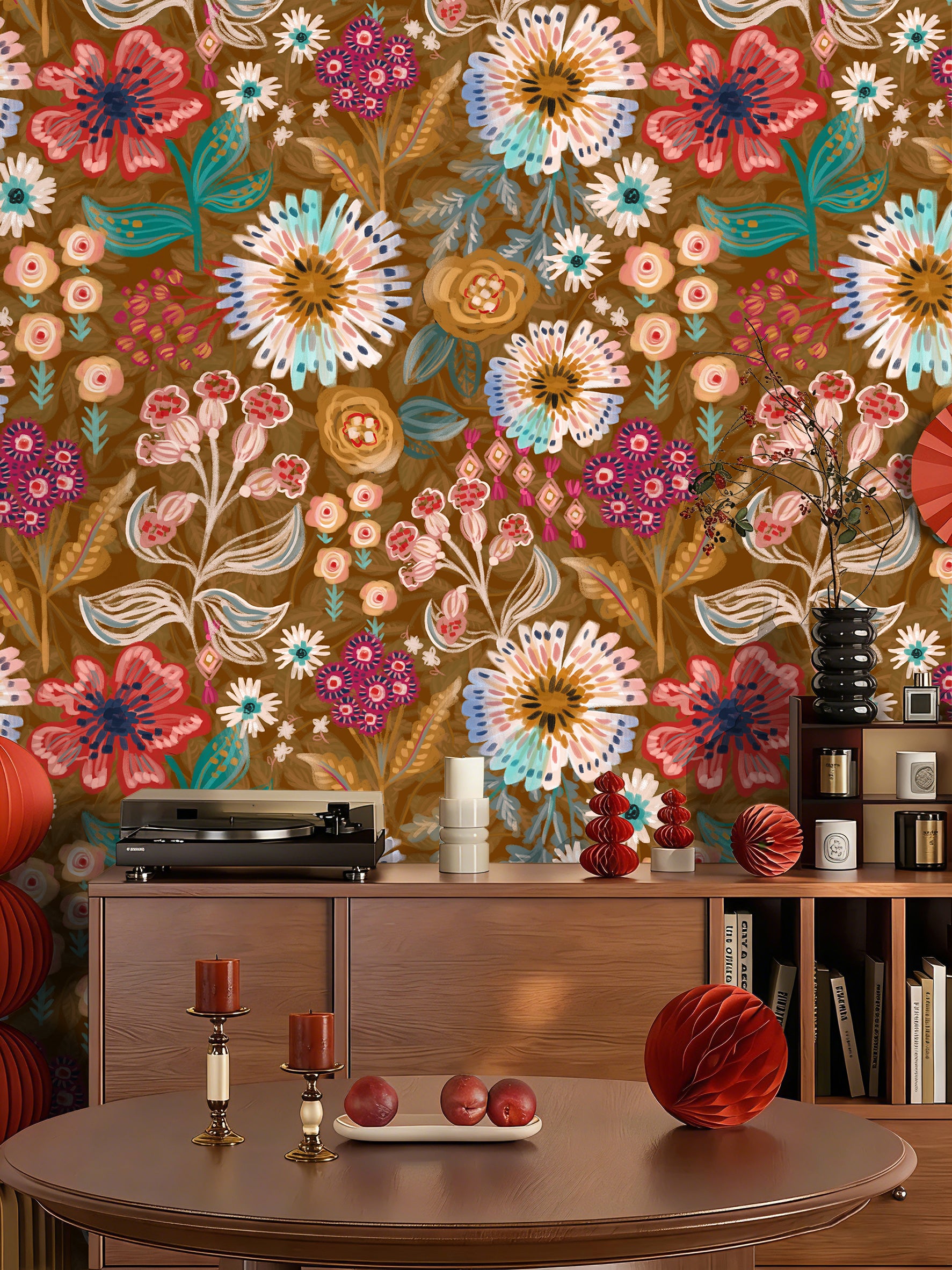 HaokHome Peel and Stick Wallpaper Warm Brown Folk Wildflower Hand‑Painted Botanical Removable Wallpaper for Accent Wall