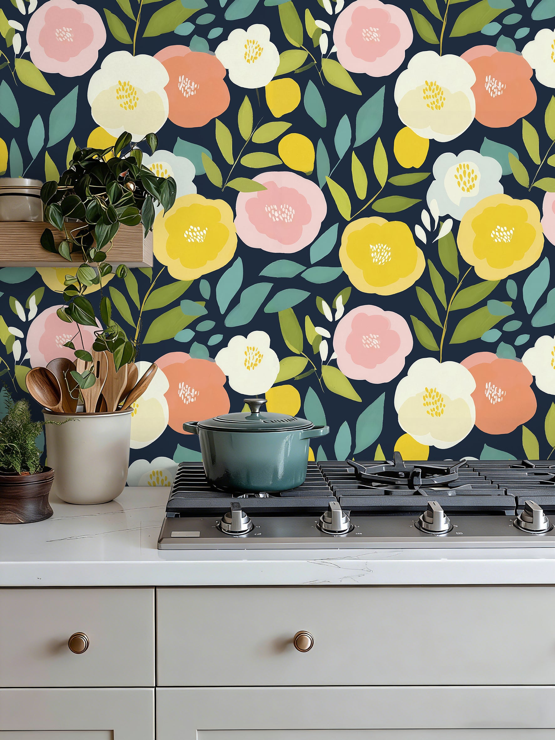 HaokHome Navy Botanical Peel and Stick Wallpaper, Colorful Flower & Leaf Removable Wallpaper for Renters