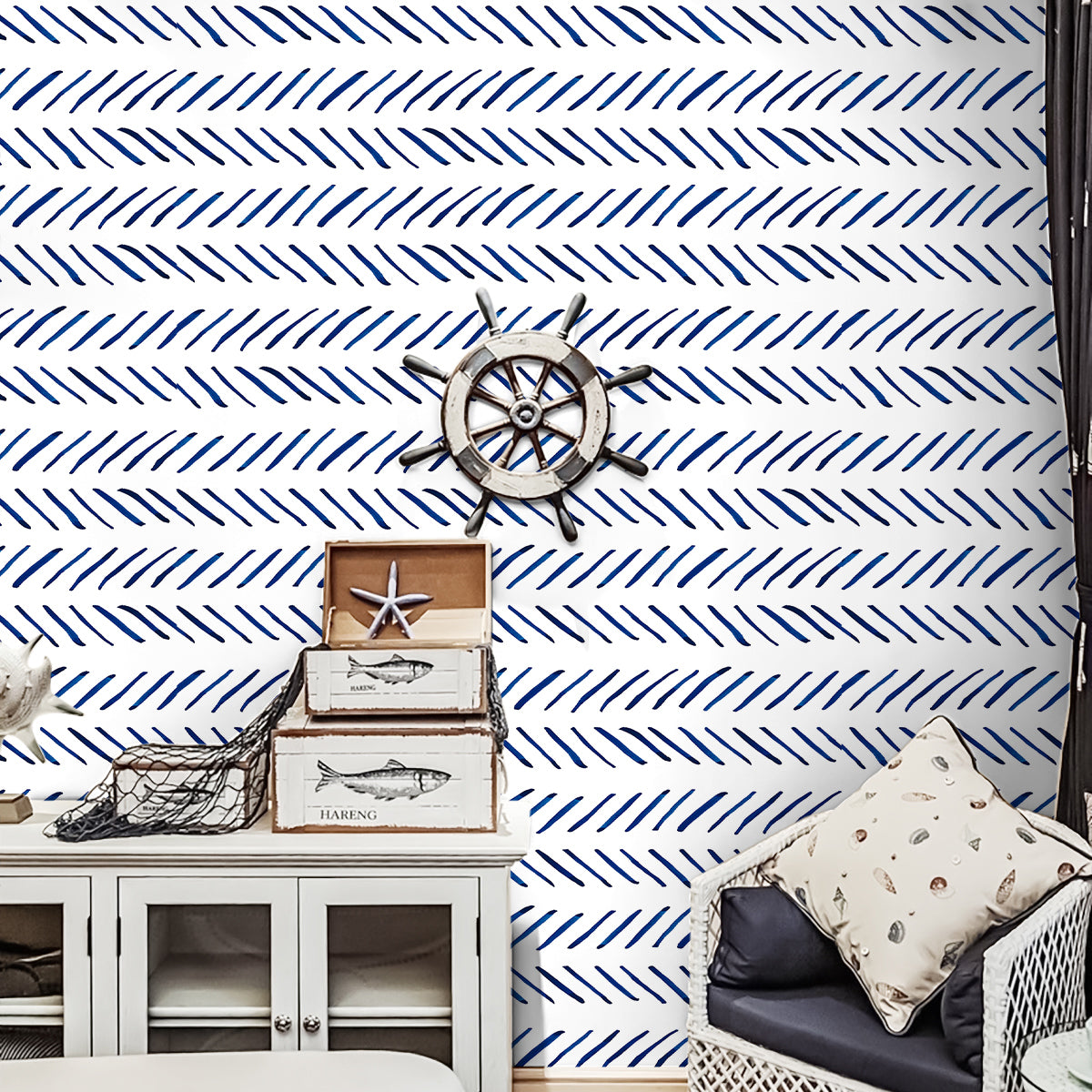 HaokHome Boho Wallpaper Peel and Stick Wallpaper Stripes Removable Navy/White Chevron Vinyl Stick On Contact Paper Mural