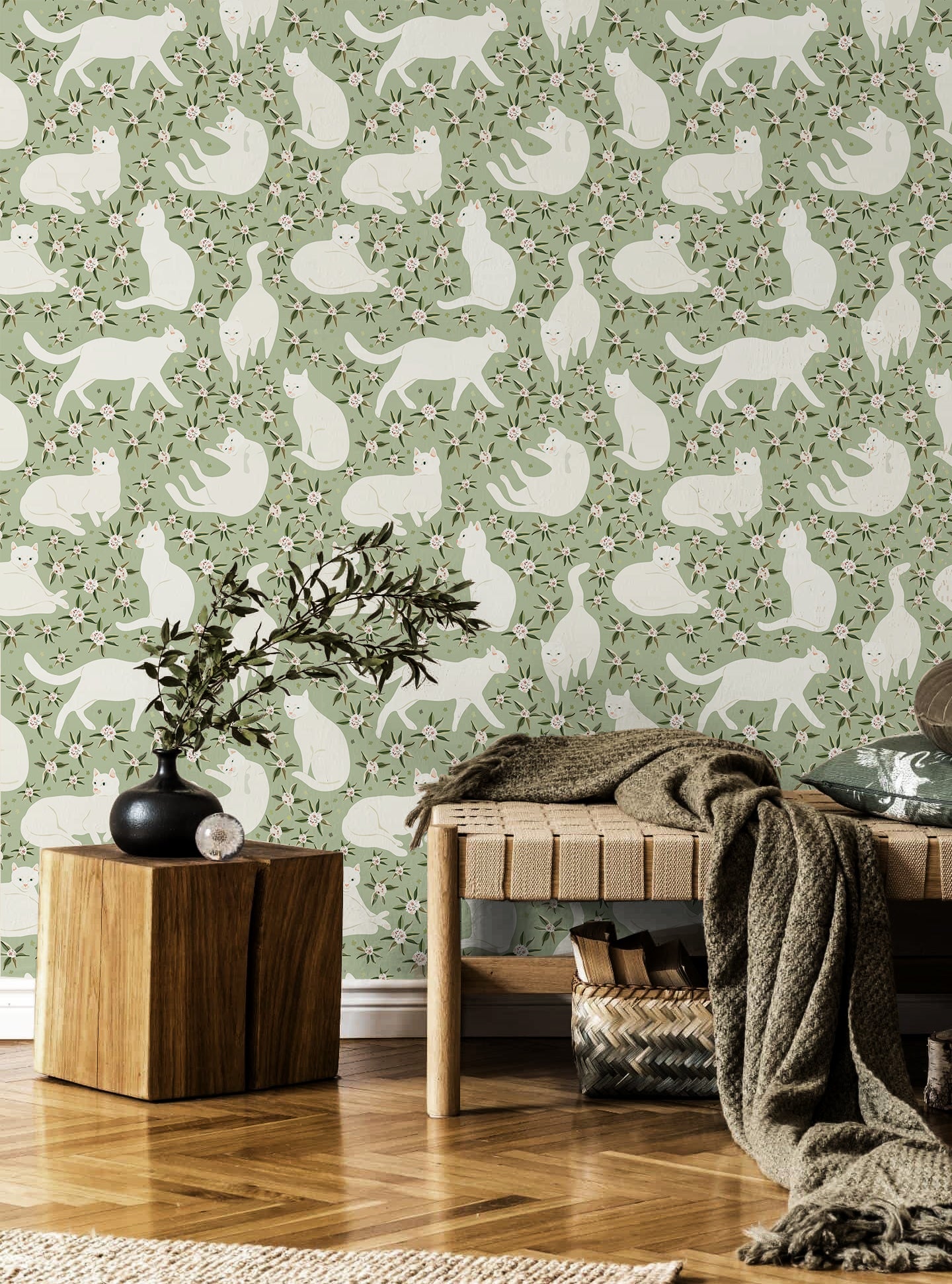 HaokHome 99050 Cat Wallpaper Cute Animal Sage Green/Cream Self Adhesive Wall Murals Home Kitchen Bedroom Decor