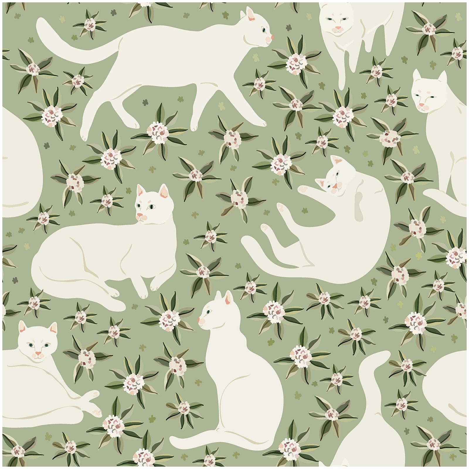 HaokHome 99050 Cat Wallpaper Cute Animal Sage Green/Cream Self Adhesive Wall Murals Home Kitchen Bedroom Decor