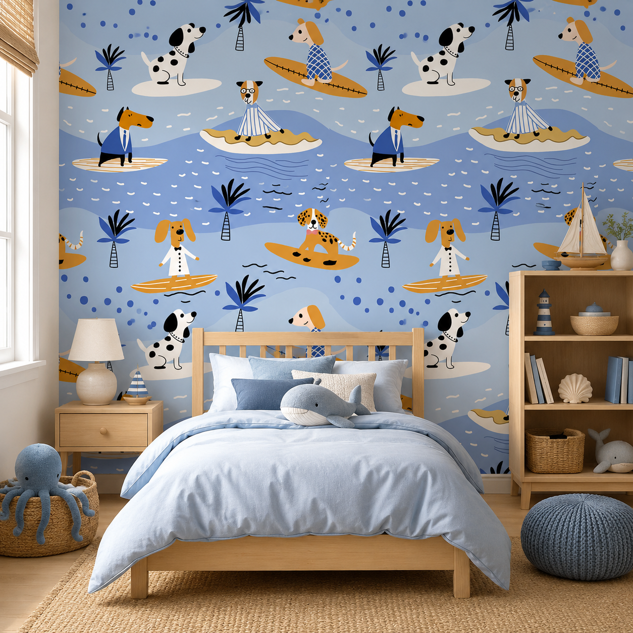 HaokHome Peel and Stick Wallpaper Surfing Dogs Blue Beach Kids Room Wall Mural Removable Self Adhesive Coastal Nursery Wallpaper