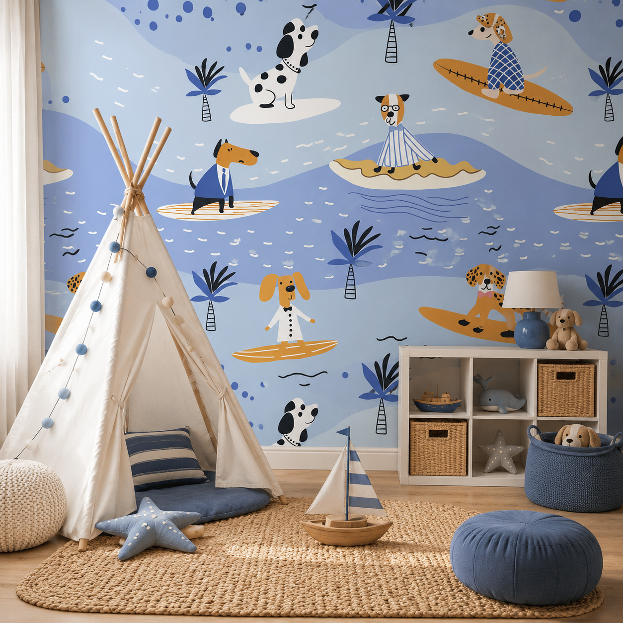 HaokHome Peel and Stick Wallpaper Surfing Dogs Blue Beach Kids Room Wall Mural Removable Self Adhesive Coastal Nursery Wallpaper