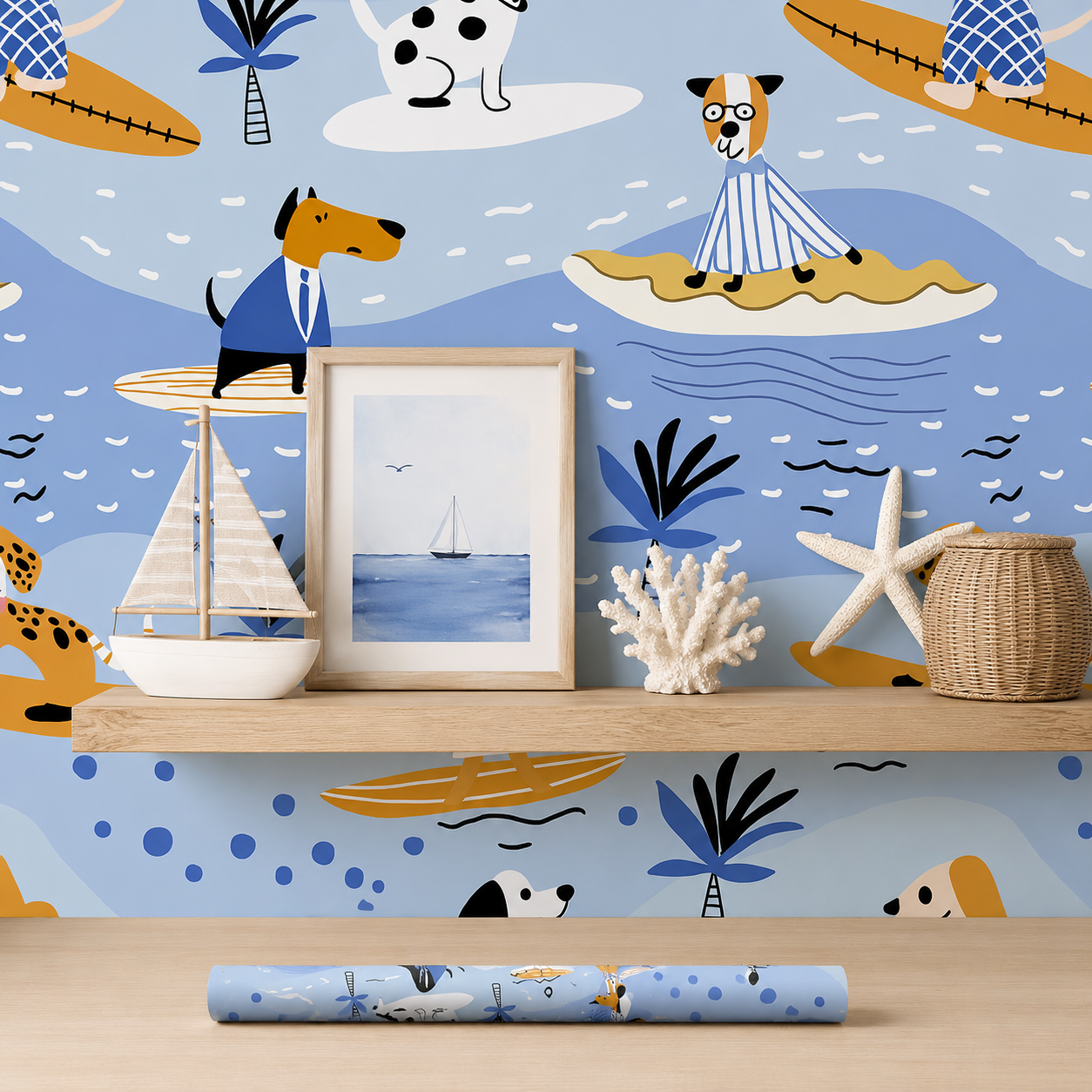 HaokHome Peel and Stick Wallpaper Surfing Dogs Blue Beach Kids Room Wall Mural Removable Self Adhesive Coastal Nursery Wallpaper