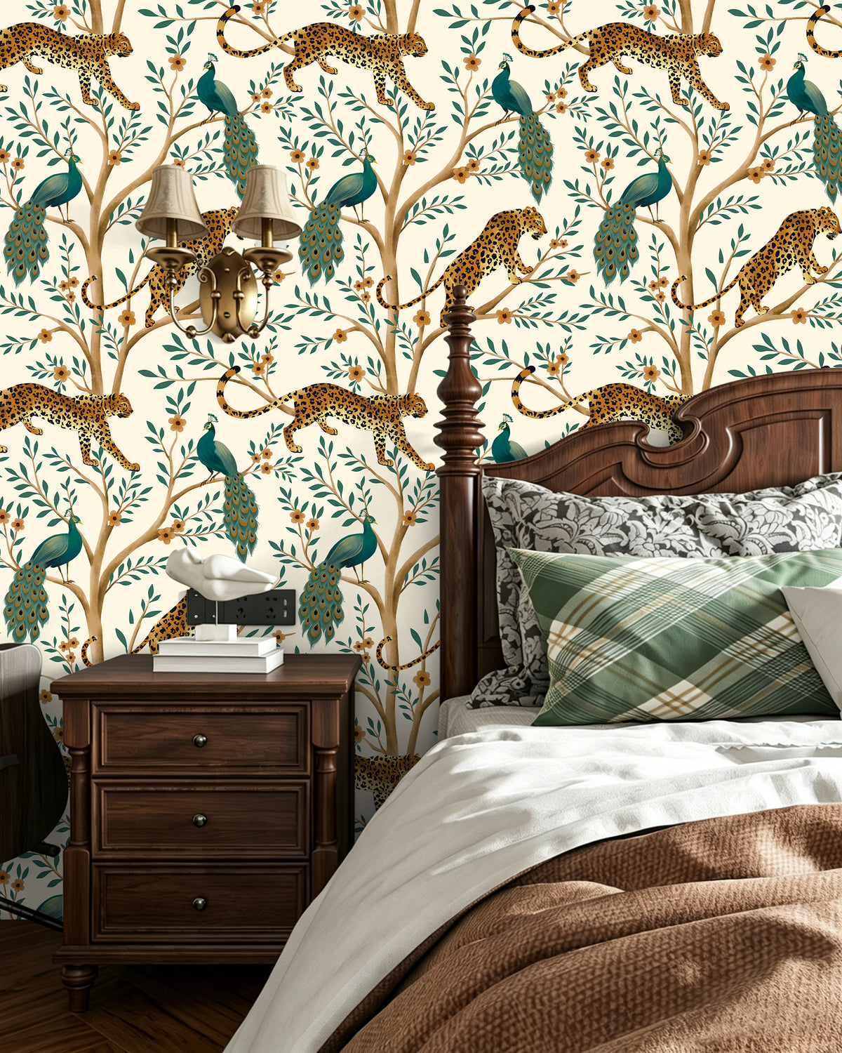 Chinoiserie jungle leopard peacock peel and stick wallpaper on living room accent wall, warm retro botanical animal wall covering for family room decor