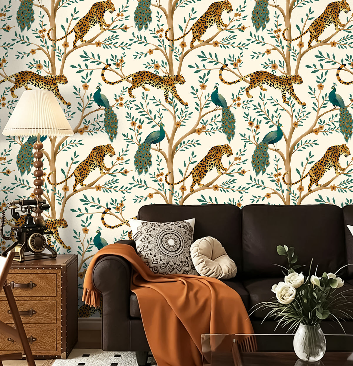 Chinoiserie vintage jungle peel and stick wallpaper for living room accent wall, leopard and peacock botanical animal print removable wall covering for retro home decor