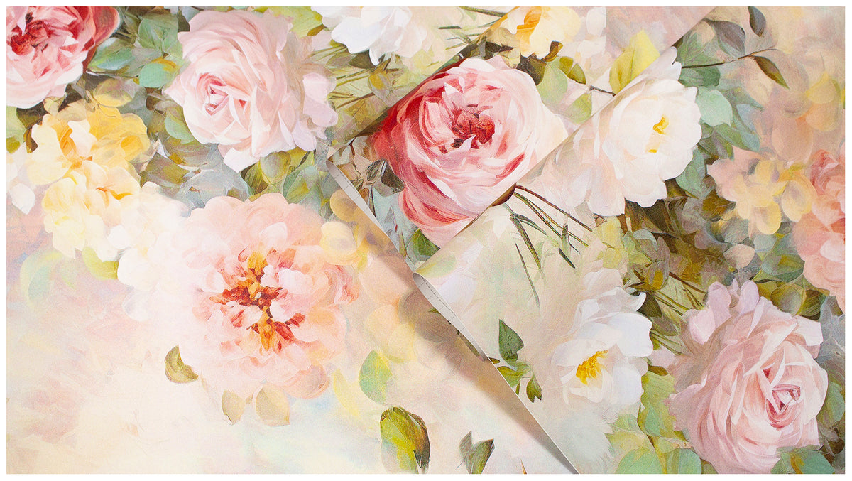 Close up of HaokHome watercolor pink garden rose wallpaper texture, floral pattern detail shot
