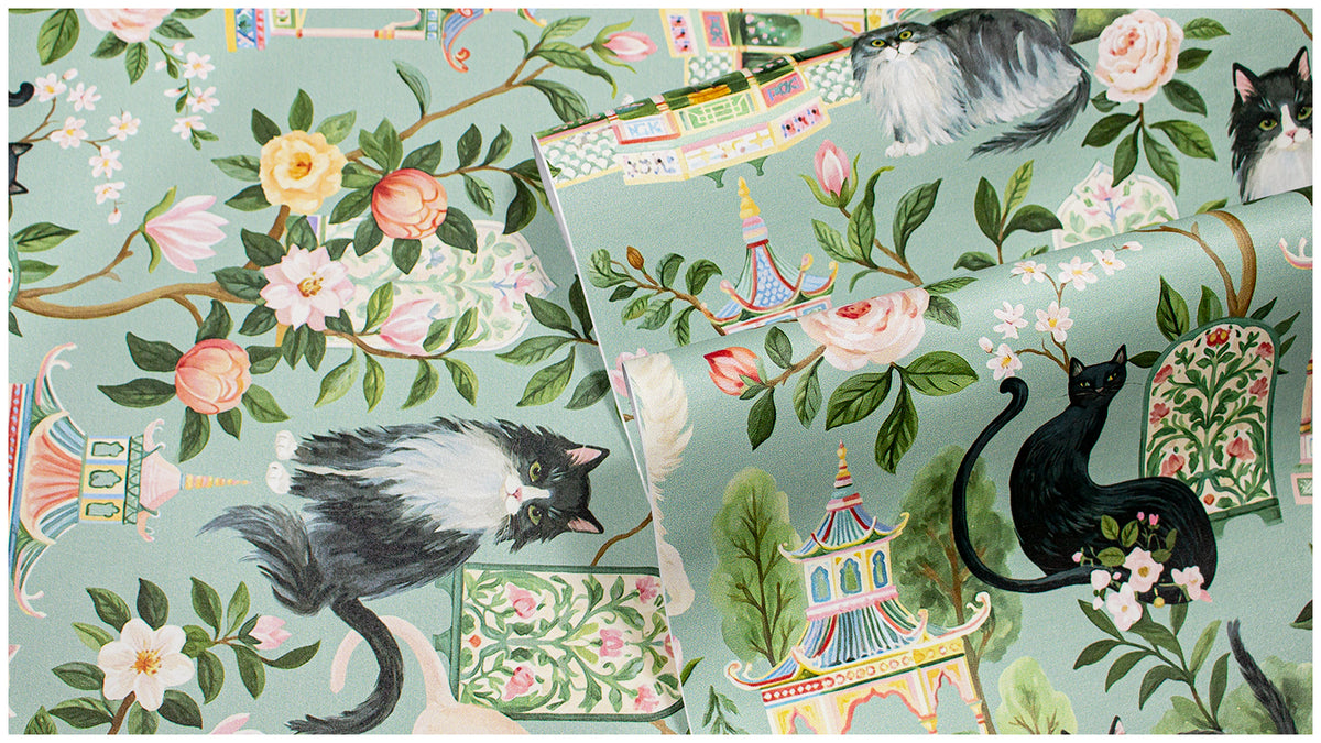 Close up view of HaokHome sage green cat floral wallpaper pattern, vinyl texture detail