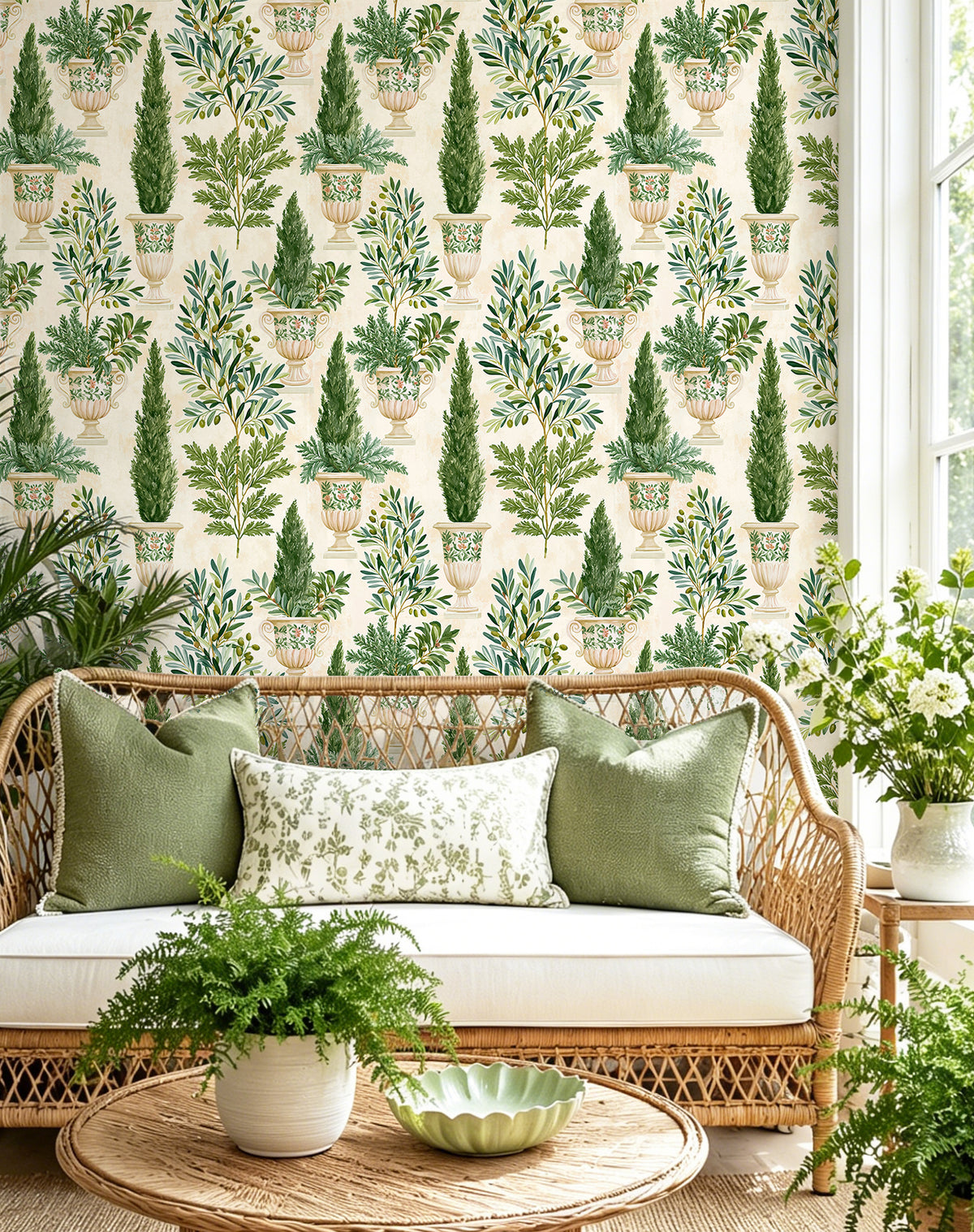 Cottage‑style peel‑and‑stick wallpaper with potted cypress prints for bright living room accent wall