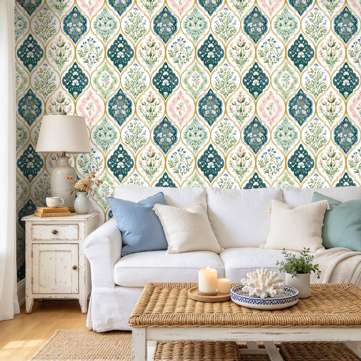 Cottagecore botanical diamond self-adhesive wallpaper decorating bright living room
