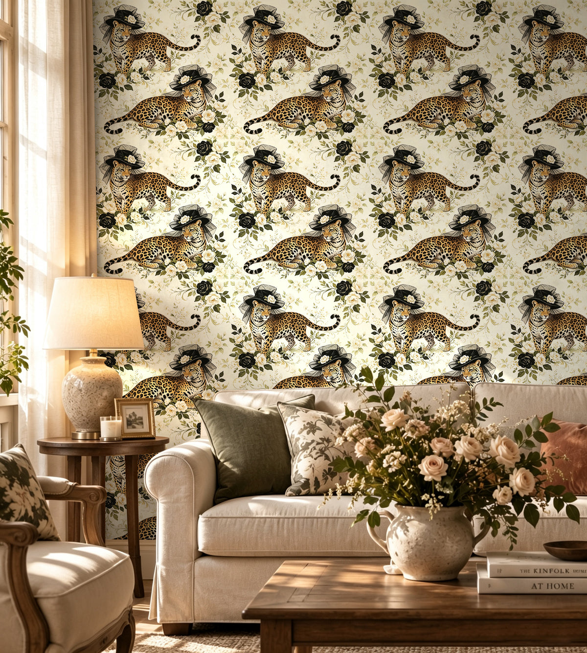 Cozy bedroom lounge area with vintage leopard floral wallpaper, soft neutral home interior