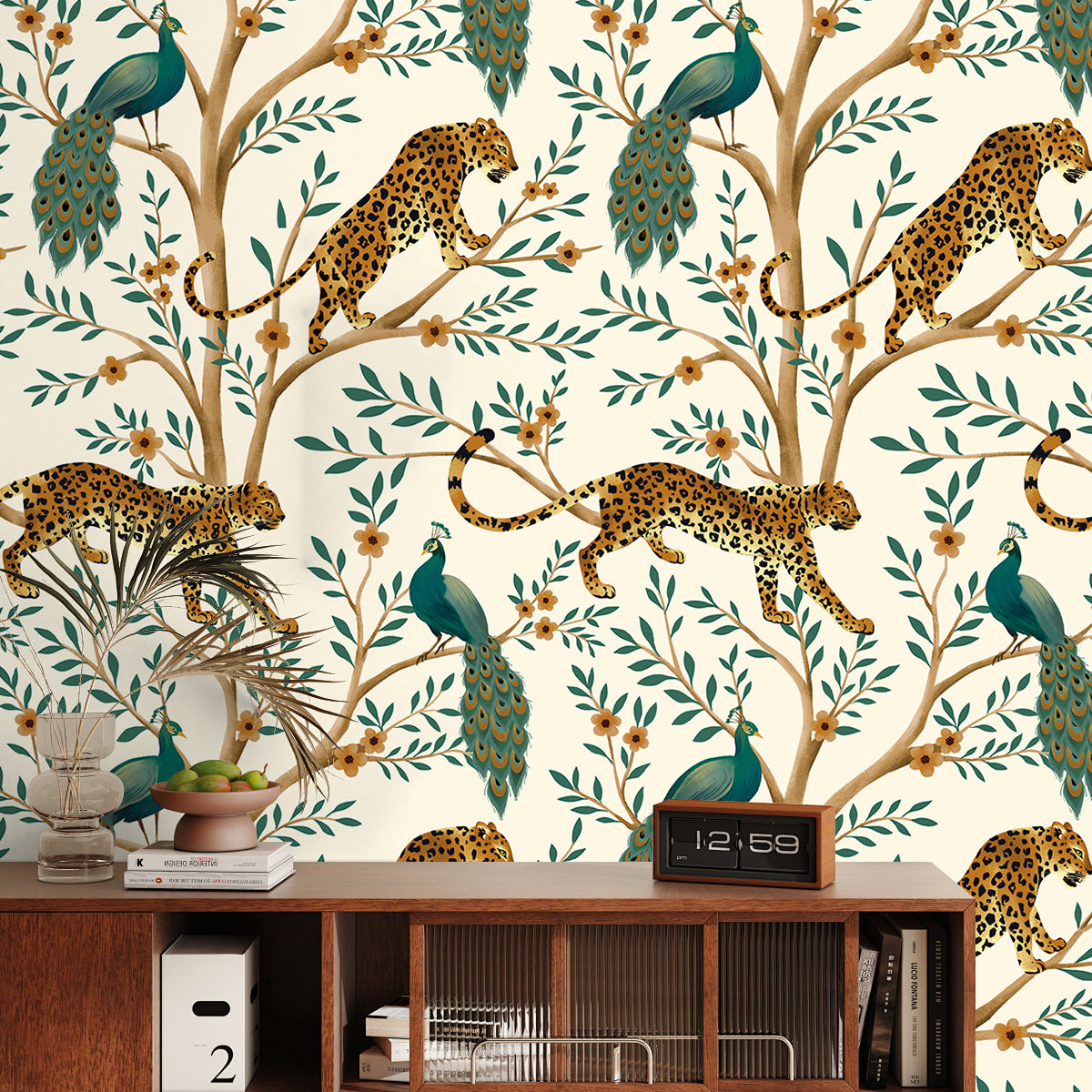 Cream chinoiserie jungle animal self adhesive wallpaper for kitchen cabinet backsplash, leopard peacock removable wall sticker for kitchen makeover