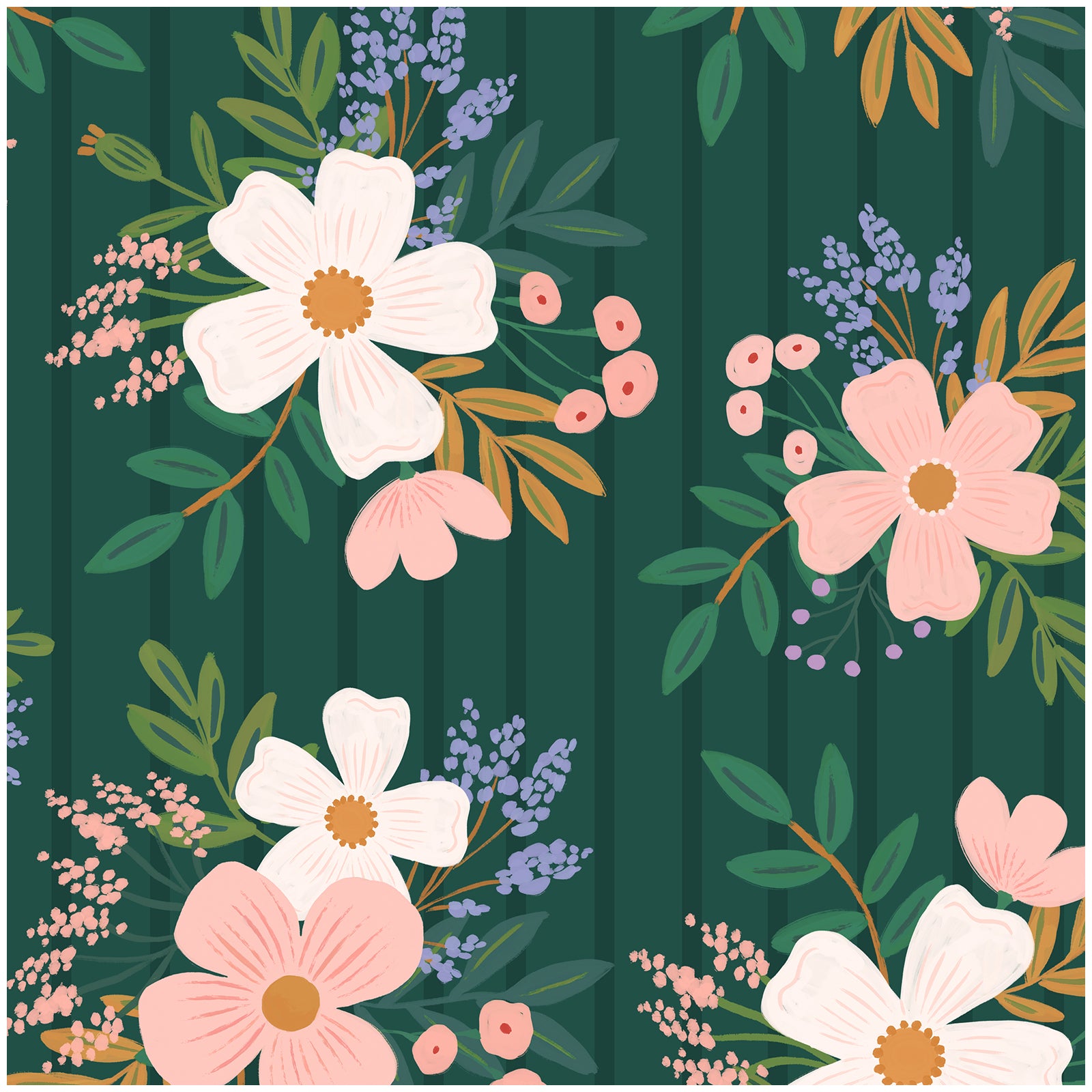 Dark Green Striped Floral Wallpaper – Soft Pastel Bouquet Print