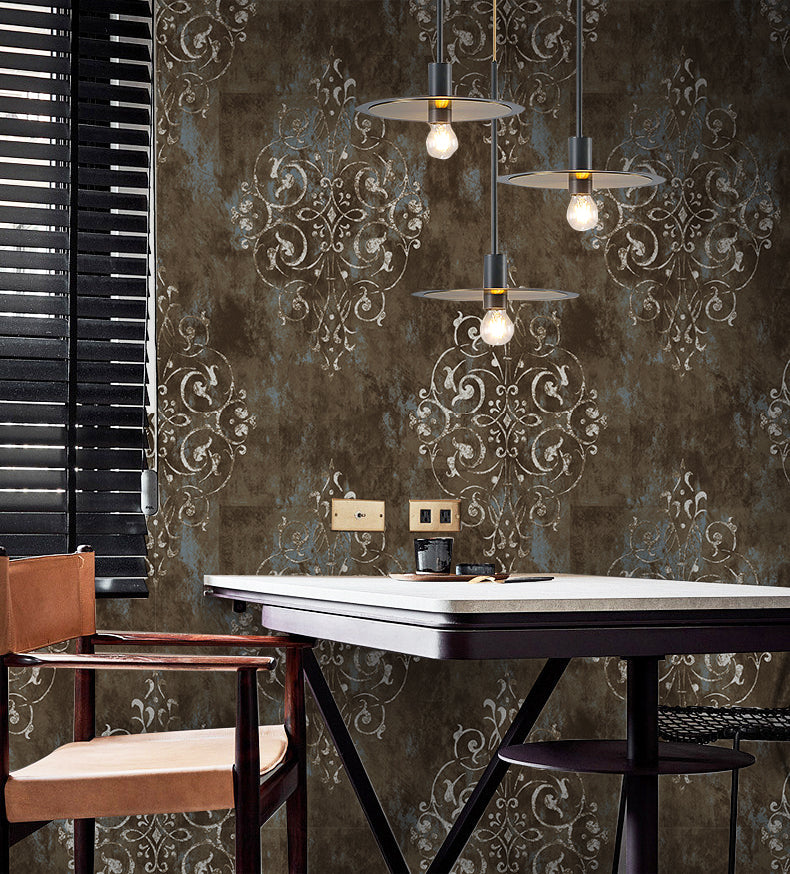Dark aged damask removable wallpaper for edgy industrial‑style dining area