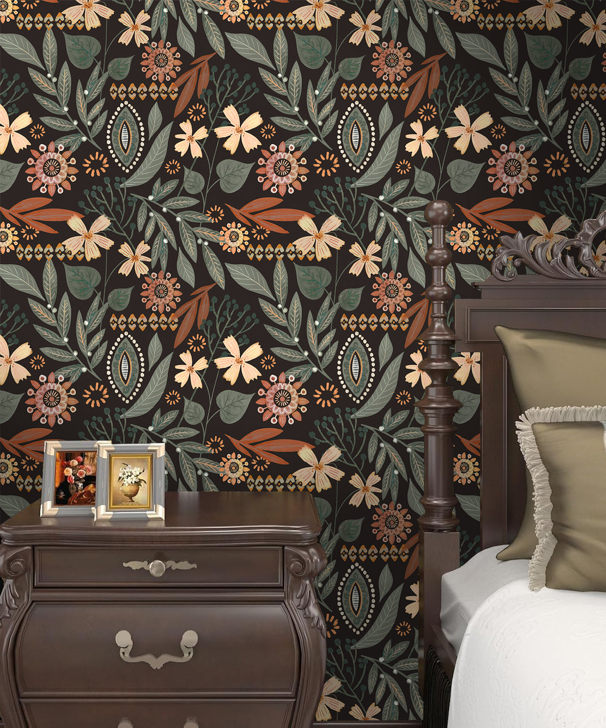 Dark botanical removable wallpaper on bedroom feature wall, cozy moody bedroom decor