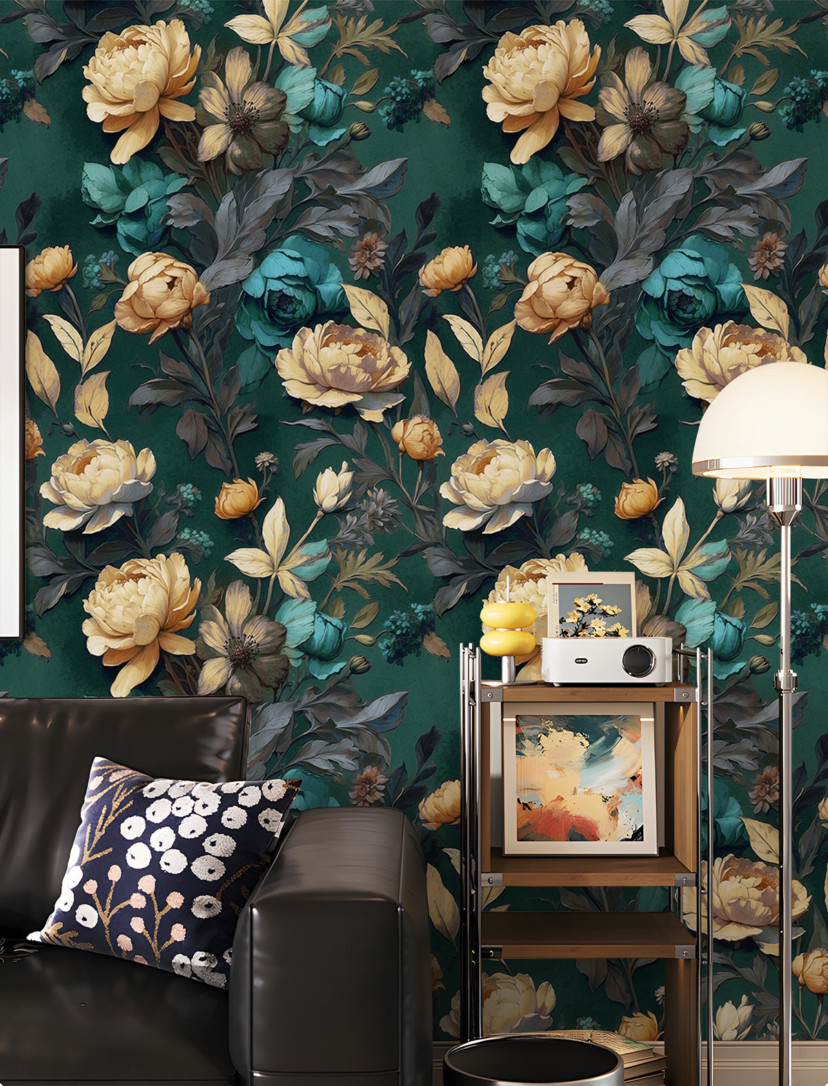 Dark emerald green vintage flower peel and stick wallpaper, moody maximalist living room accent wall