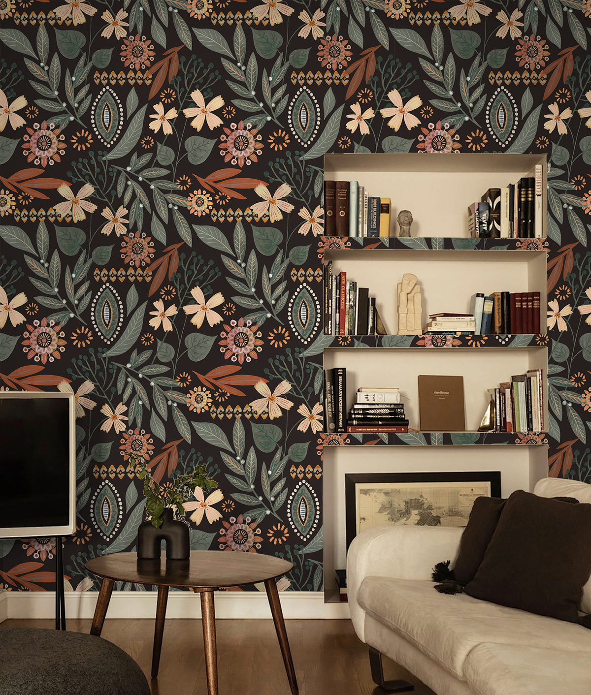 Dark flower self adhesive wallpaper for living room, bohemian living space makeover