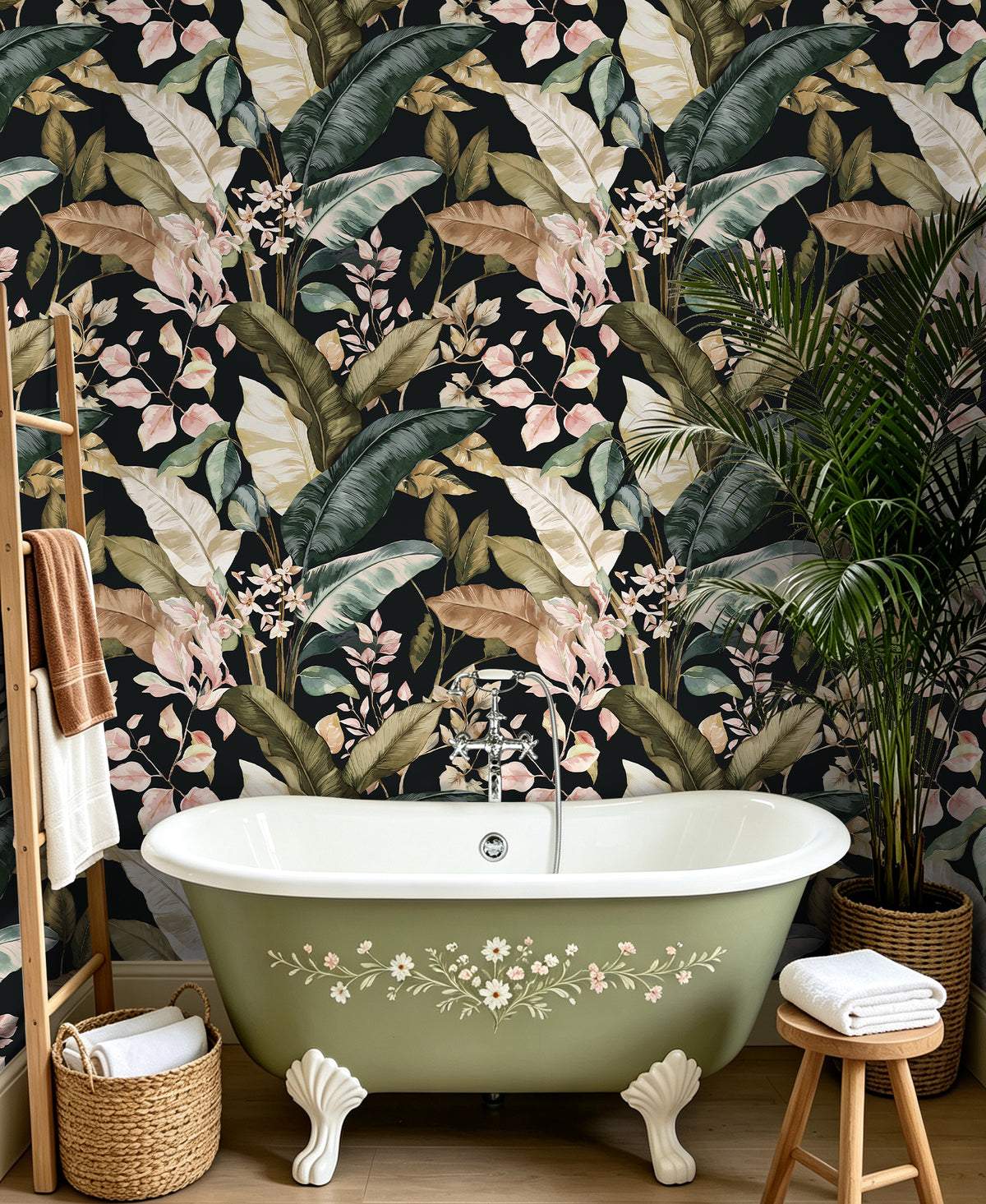 Dark moody floral peel‑and‑stick wallpaper inside classic clawfoot‑tub bathroom