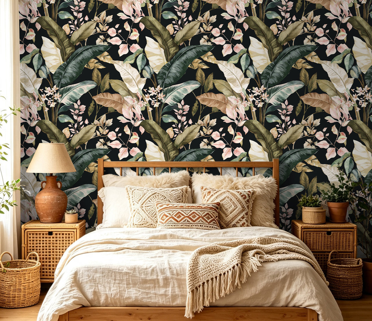 Dark tropical floral peel‑and‑stick wallpaper in warm boho‑style master bedroom