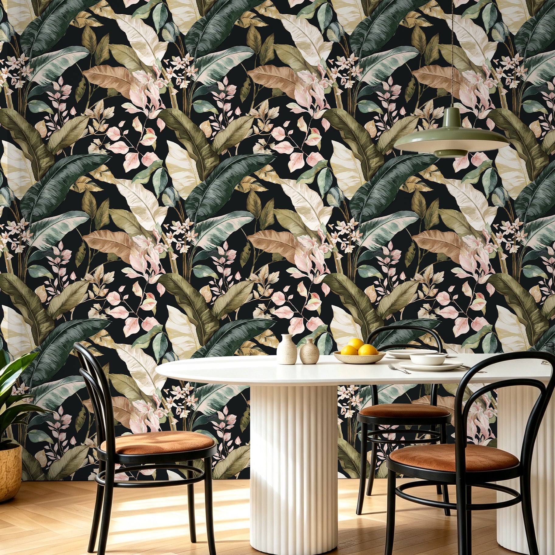 Dark tropical leaf removable wallpaper for dramatic dining room accent wall