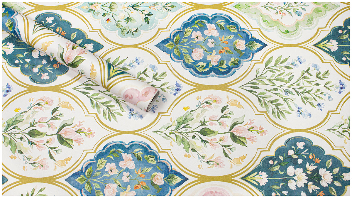 Detailed pattern view of pastel green botanical ogee self-adhesive wallpaper