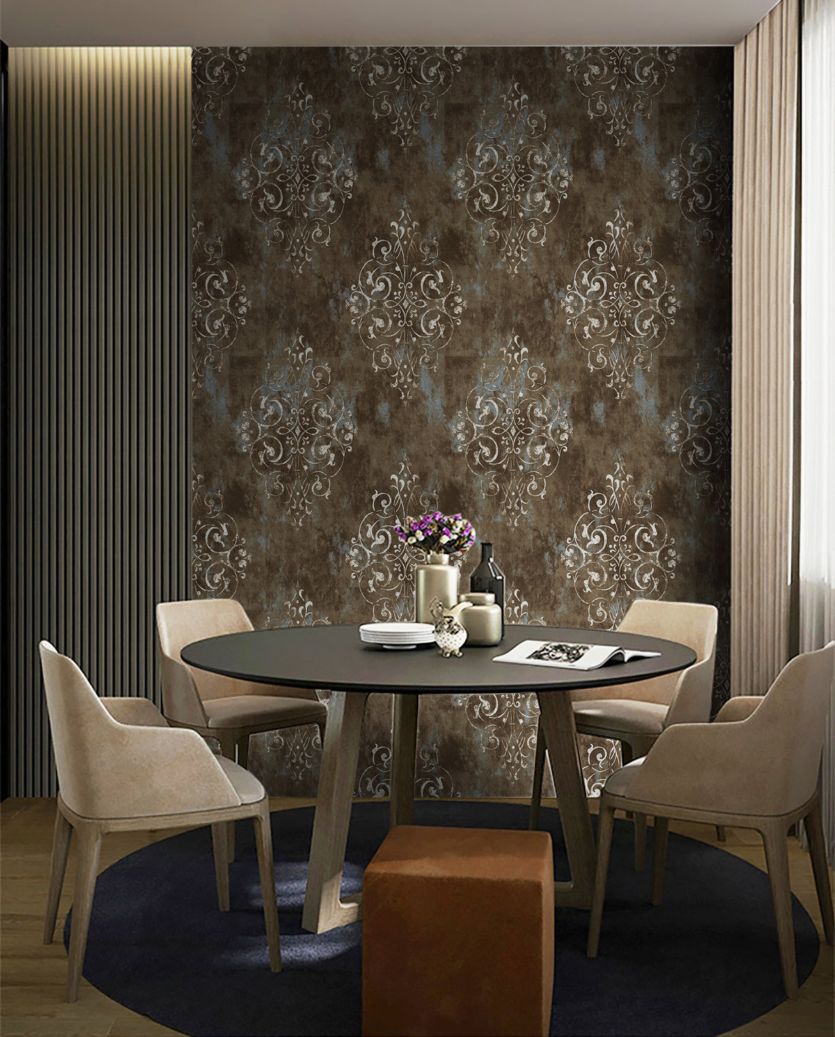 Distressed brown damask peel‑and‑stick wallpaper for sophisticated modern dining room