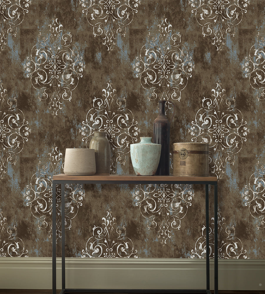 Distressed vintage damask peel‑and‑stick wallpaper for elegant entry console nook