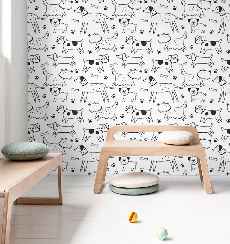 HAOKHOME 99052 Dog Wallpaper Peel and Stick Puppy Animal Black/White Self Adhesive Wall Murals Home Kitchen Bedroom Decor