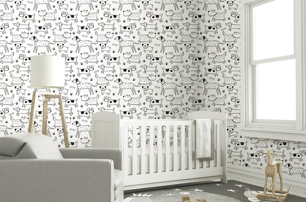 HAOKHOME 99052 Dog Wallpaper Peel and Stick Puppy Animal Black/White Self Adhesive Wall Murals Home Kitchen Bedroom Decor