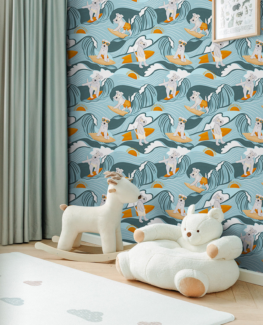 HAOKHOME 99055 Dog Wallpaper Stick and Peel Wave Removable Wall Paper Blue/Orange Vinyl Stick on Wall Mural Decor