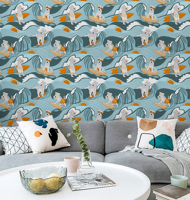 HAOKHOME 99055 Dog Wallpaper Stick and Peel Wave Removable Wall Paper Blue/Orange Vinyl Stick on Wall Mural Decor