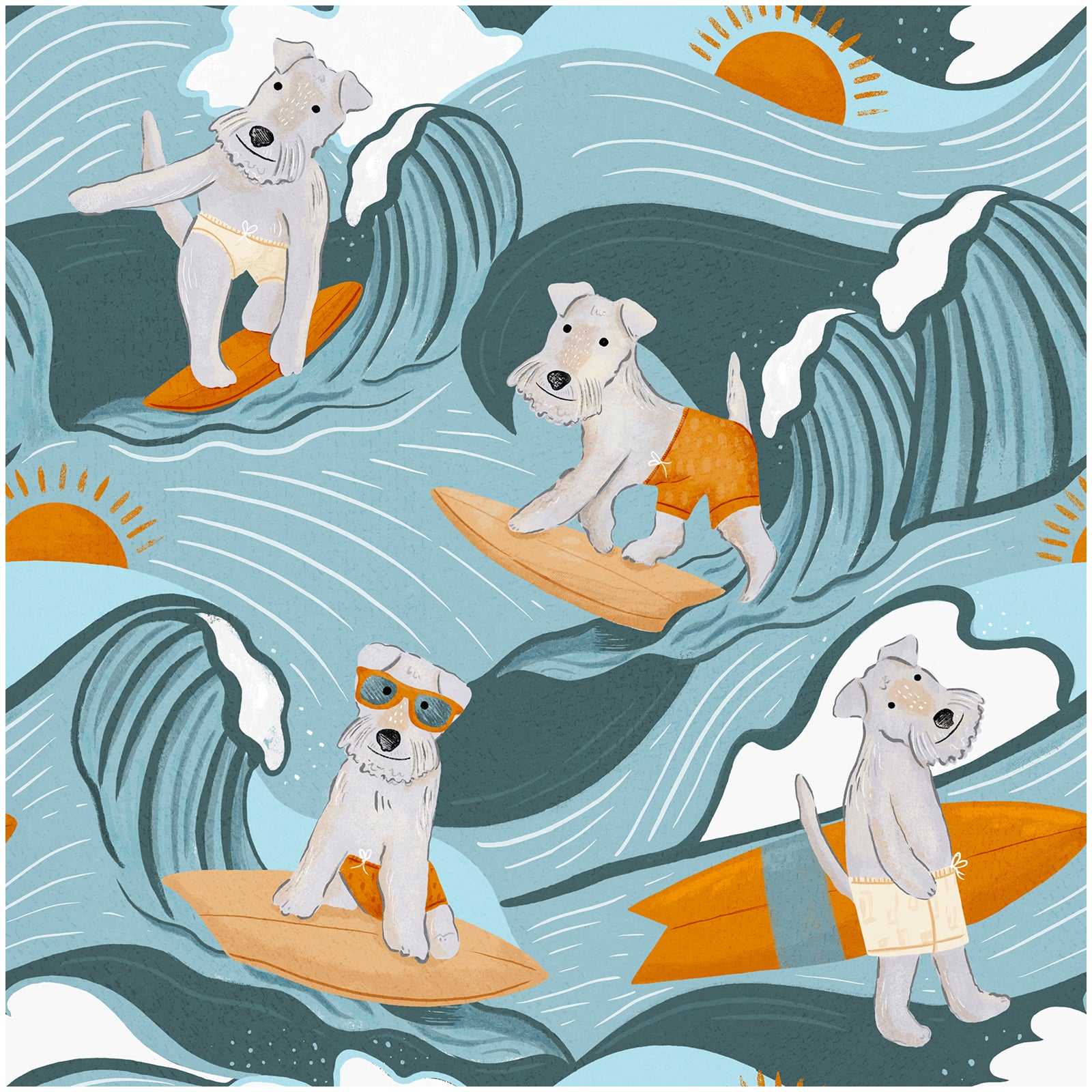 HAOKHOME 99055 Dog Wallpaper Stick and Peel Wave Removable Wall Paper Blue/Orange Vinyl Stick on Wall Mural Decor