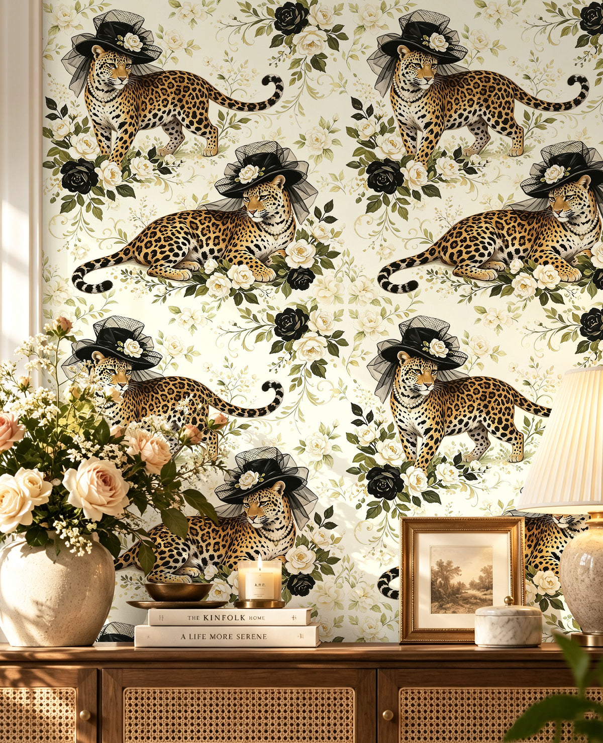 Elegant sideboard wall with vintage leopard and black rose peel and stick wallpaper, home decor inspiration