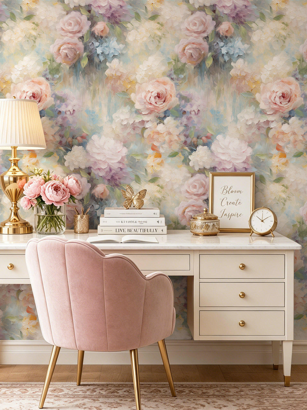 Feminine home office featuring watercolor floral peel and stick wallpaper